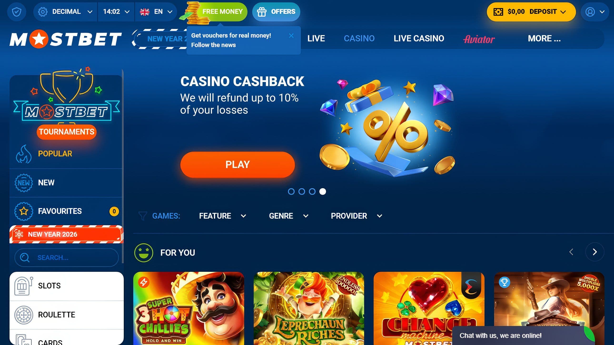 Mostbet Casino homepage displaying 10% cashback offer, slot games, and navigation menu.