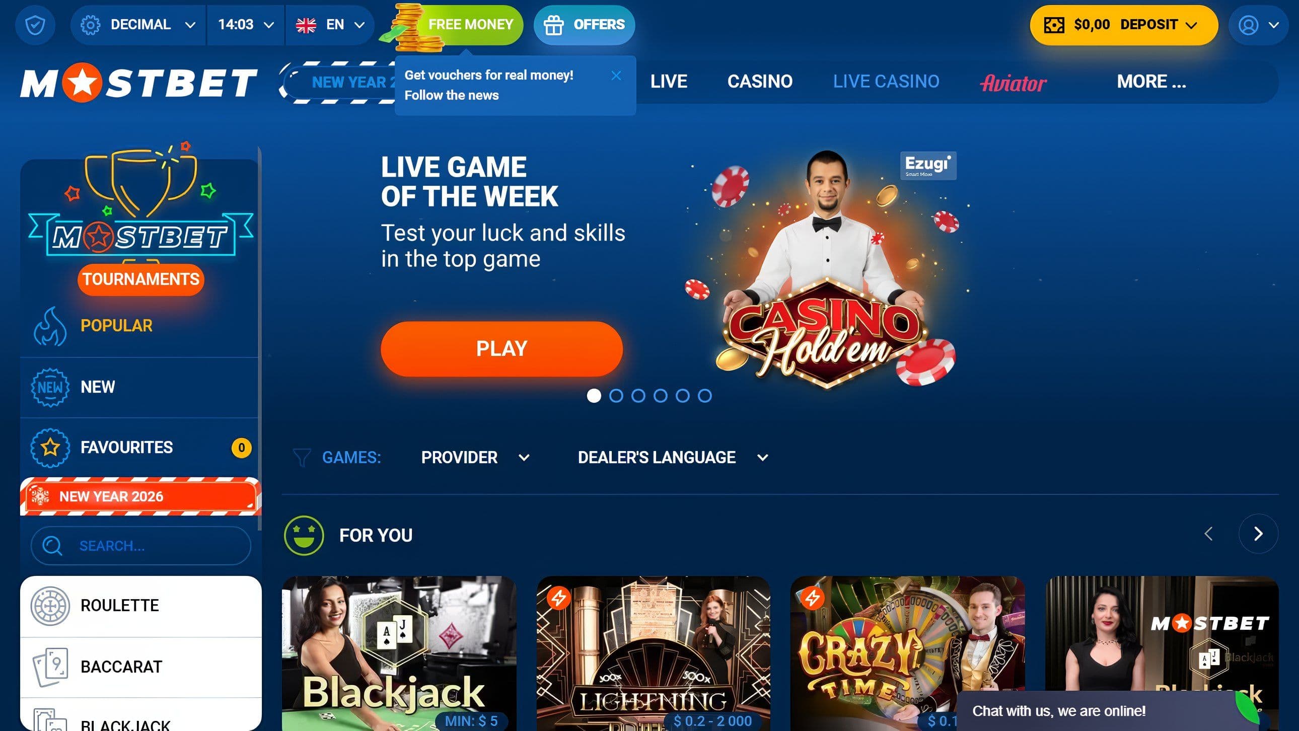 Mostbet live casino interface featuring Casino Hold'em, Blackjack, Crazy Time, and live dealer games.