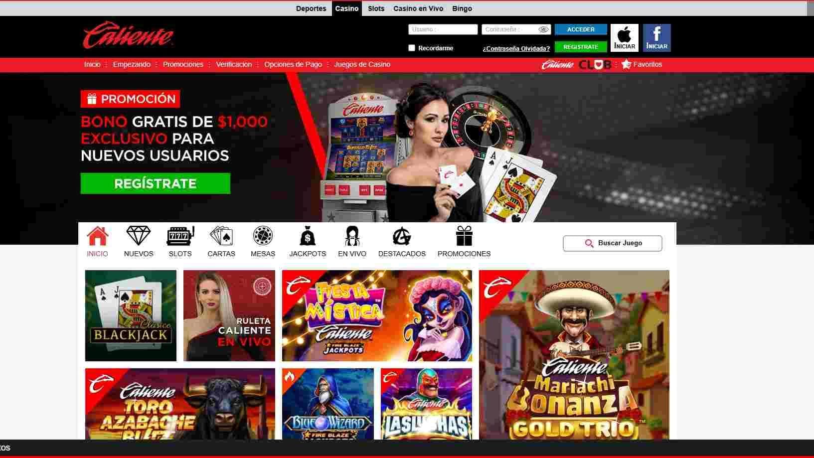 Sección de casino en Caliente MX