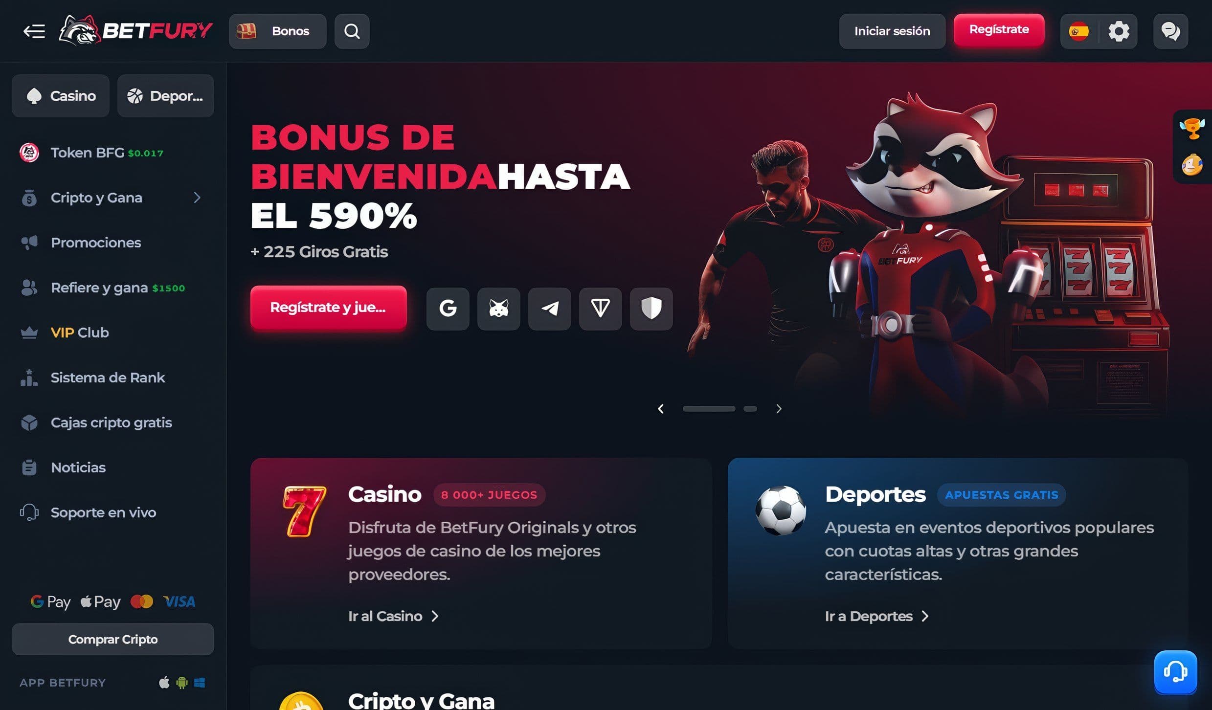 Homepage de Betfury en Argentina