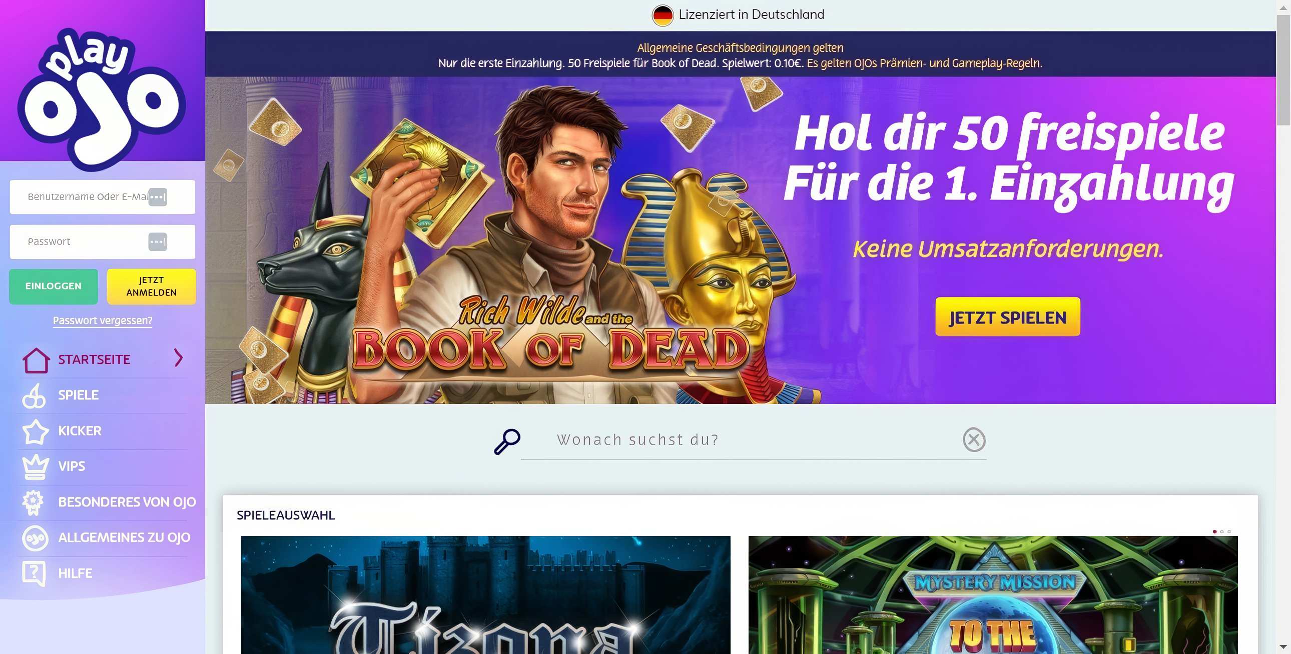 PlayOJO Homepage Desktop