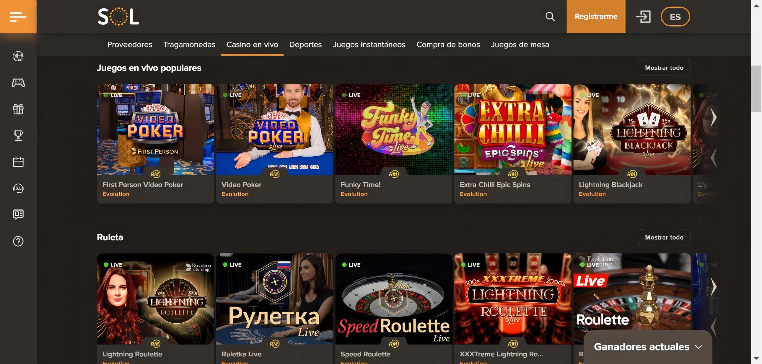 Página de juegos en vivo de Sol Casino.