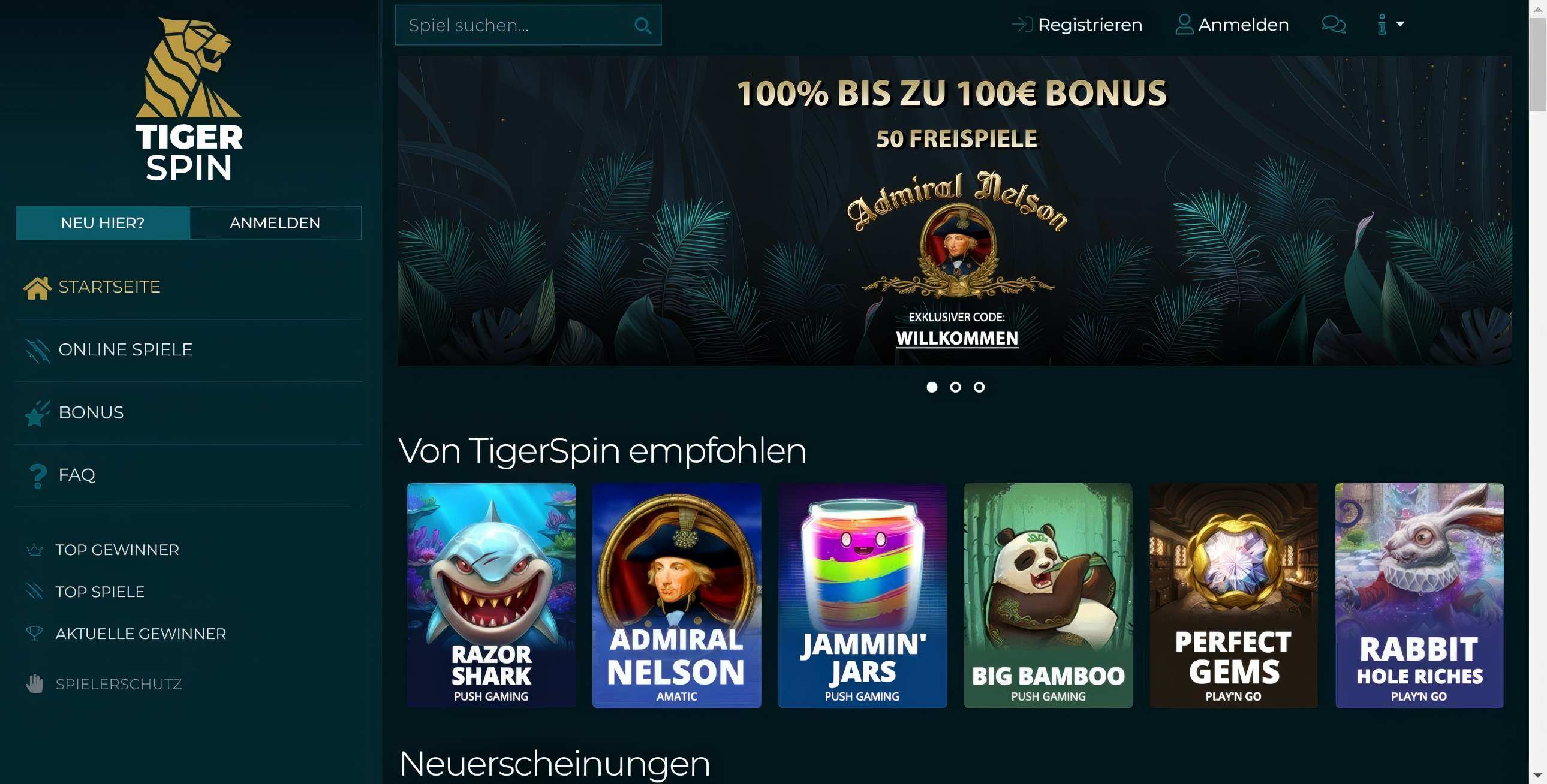 TigerSpin Homepage Desktop