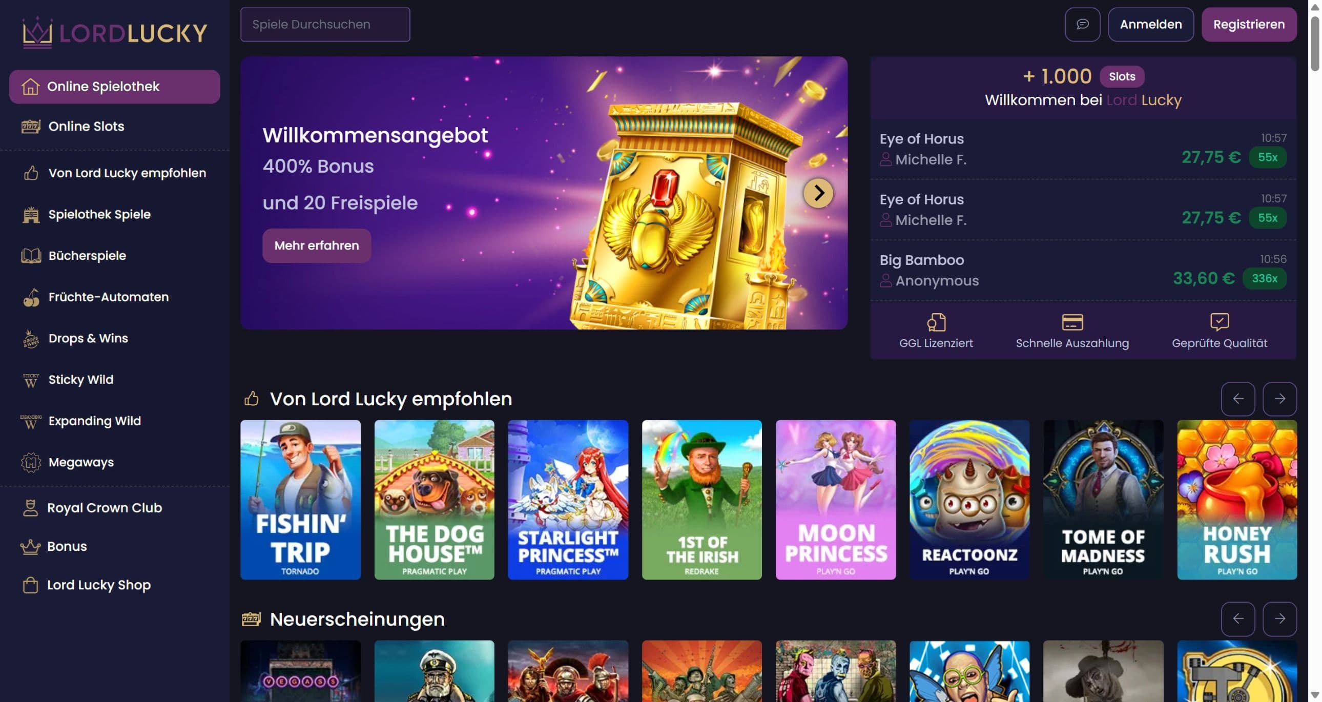 Lord Lucky Homepage Desktop