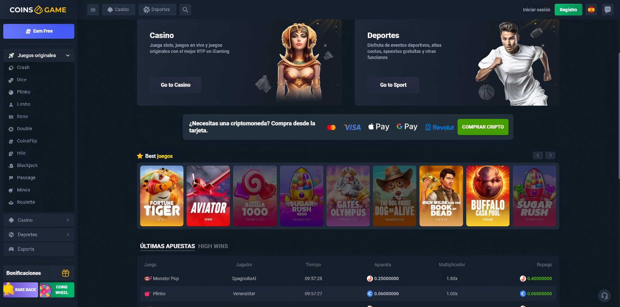 Página de inicio de Coins.game