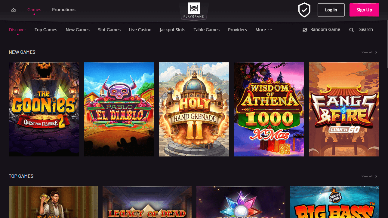 PlayGrand casino games lobby displaying new slots including Goonies, El Diablo, Halls of Gold, Wisdom Aztec, and top games.