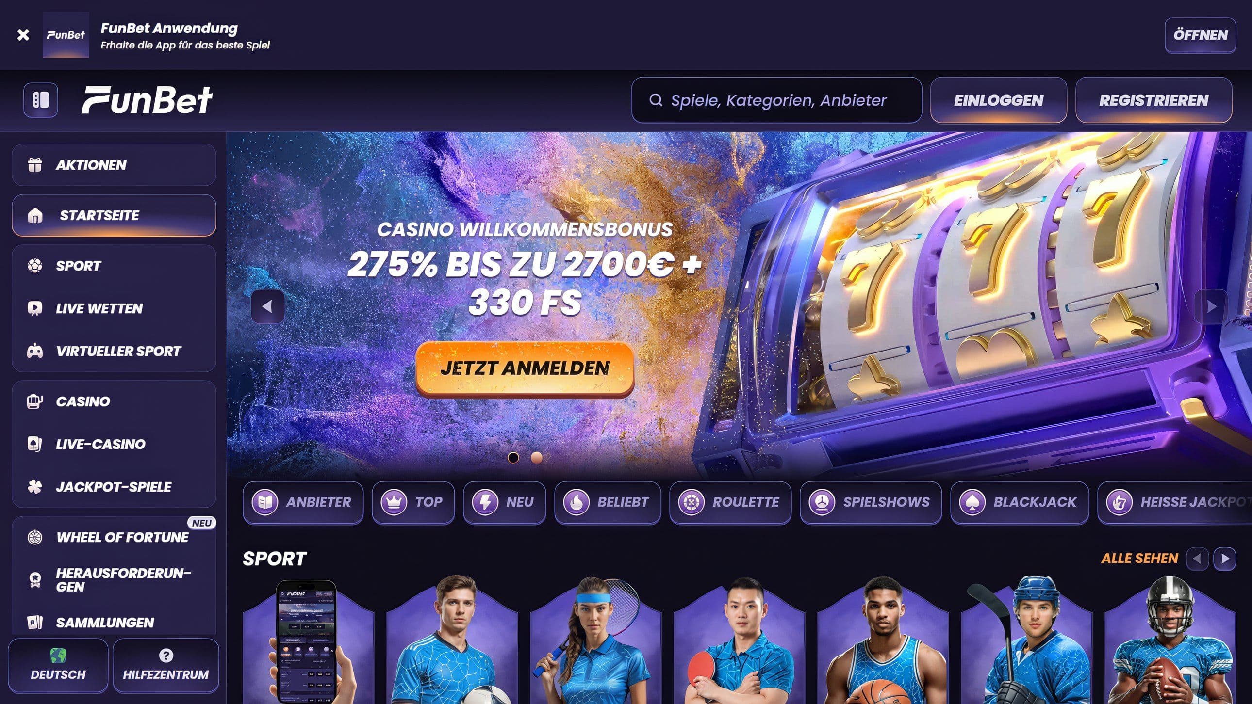 Funbet Casino Homepage Desktop