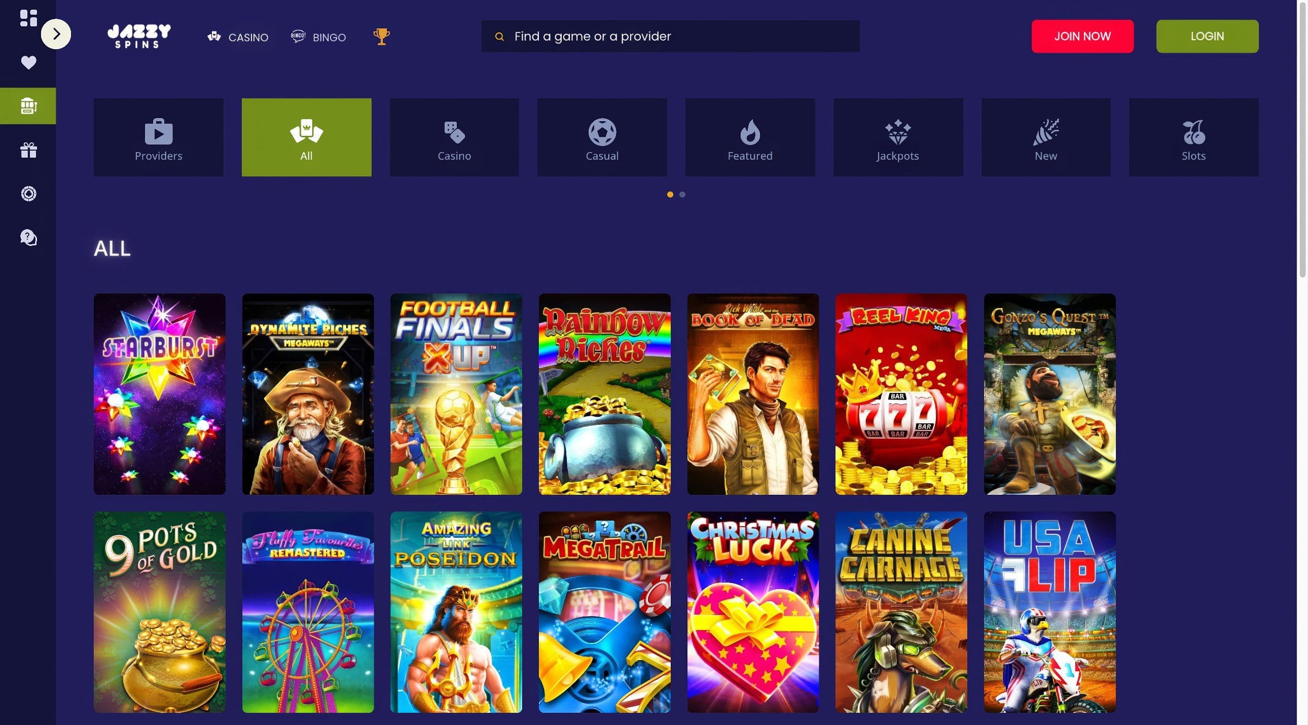 JazzySpins game lobby grid displaying thumbnails for popular slots including Starburst, Book of Dead, and Gonzo's Quest.