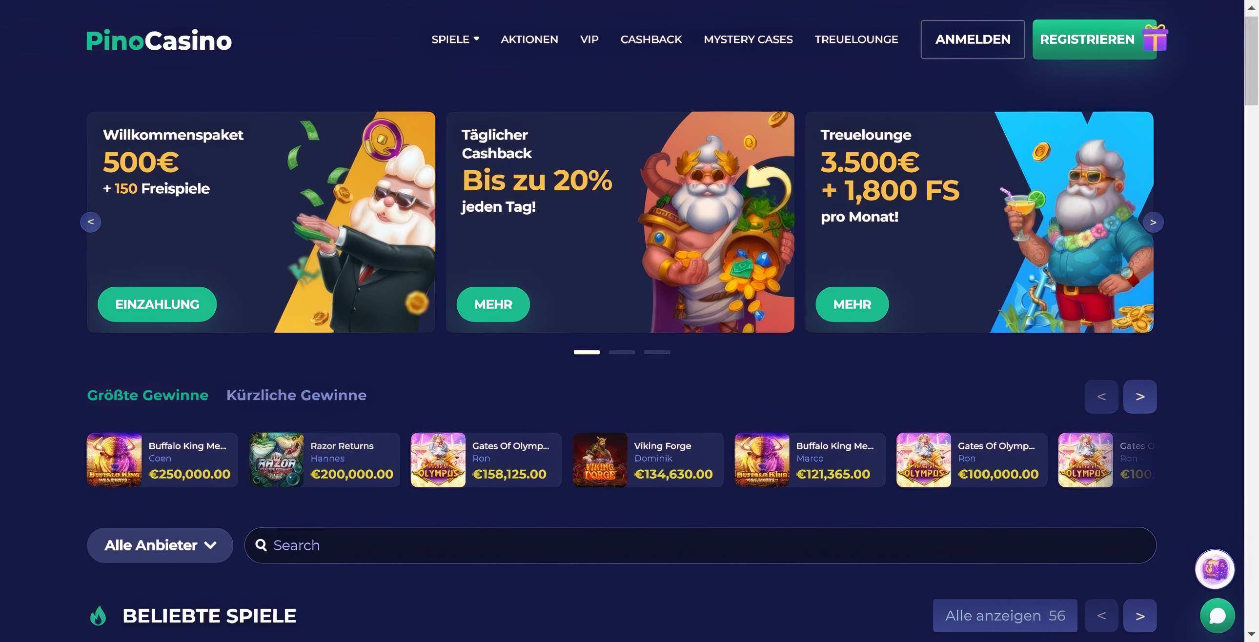 pino casino homepage