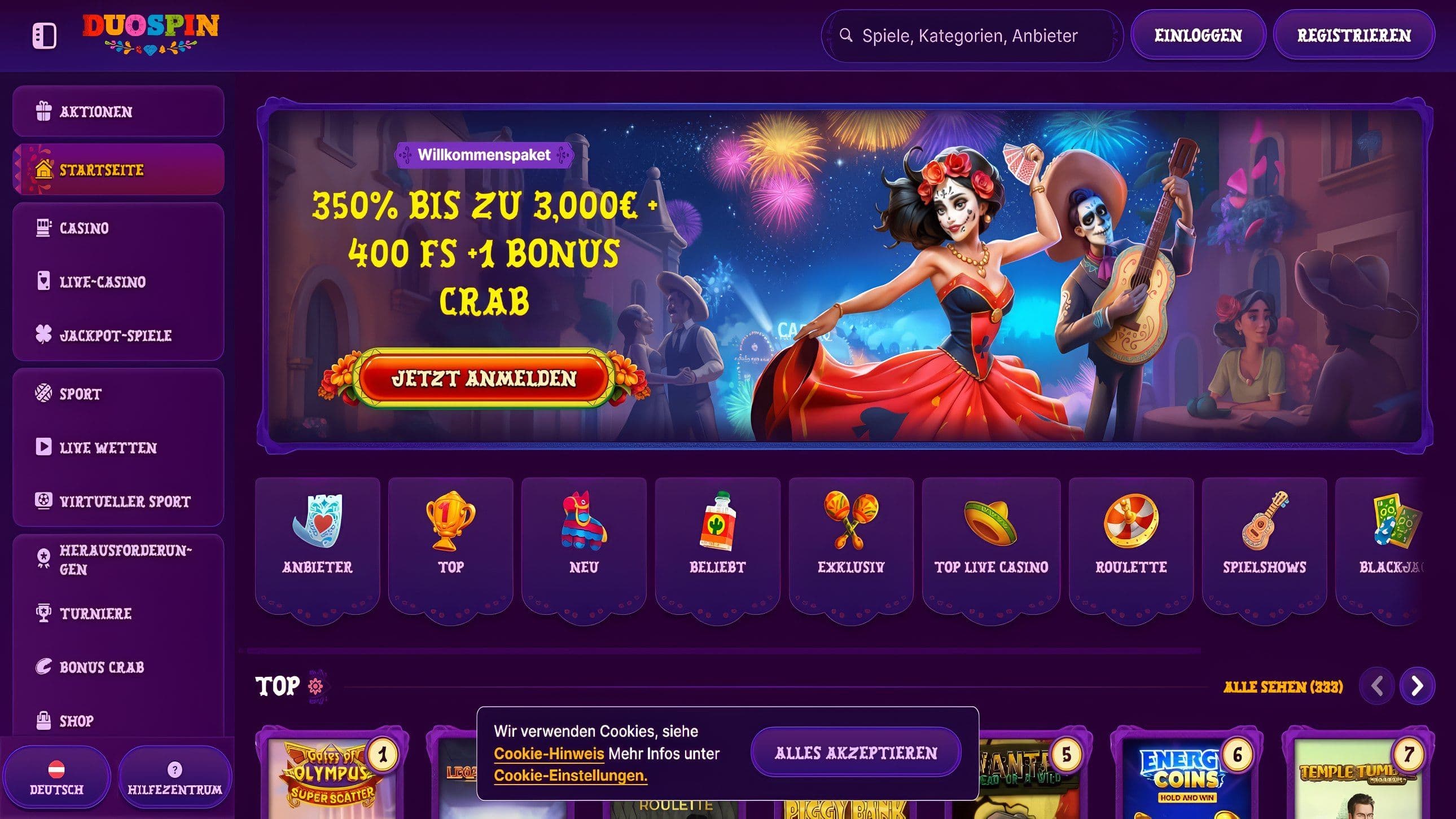 DuoSpin Casino Desktop Home