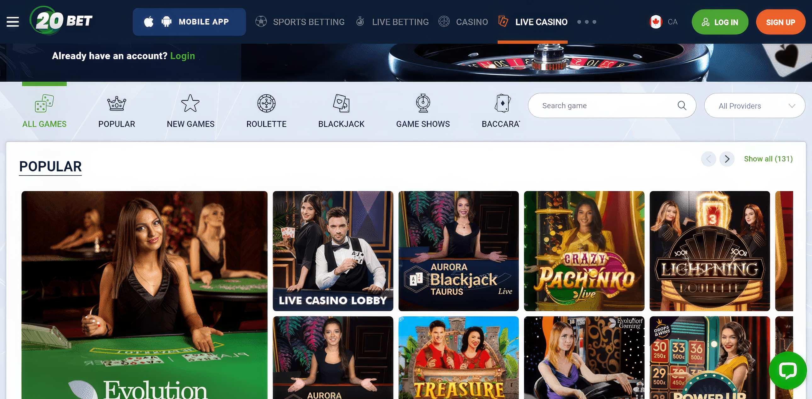 20Bet Casino Games