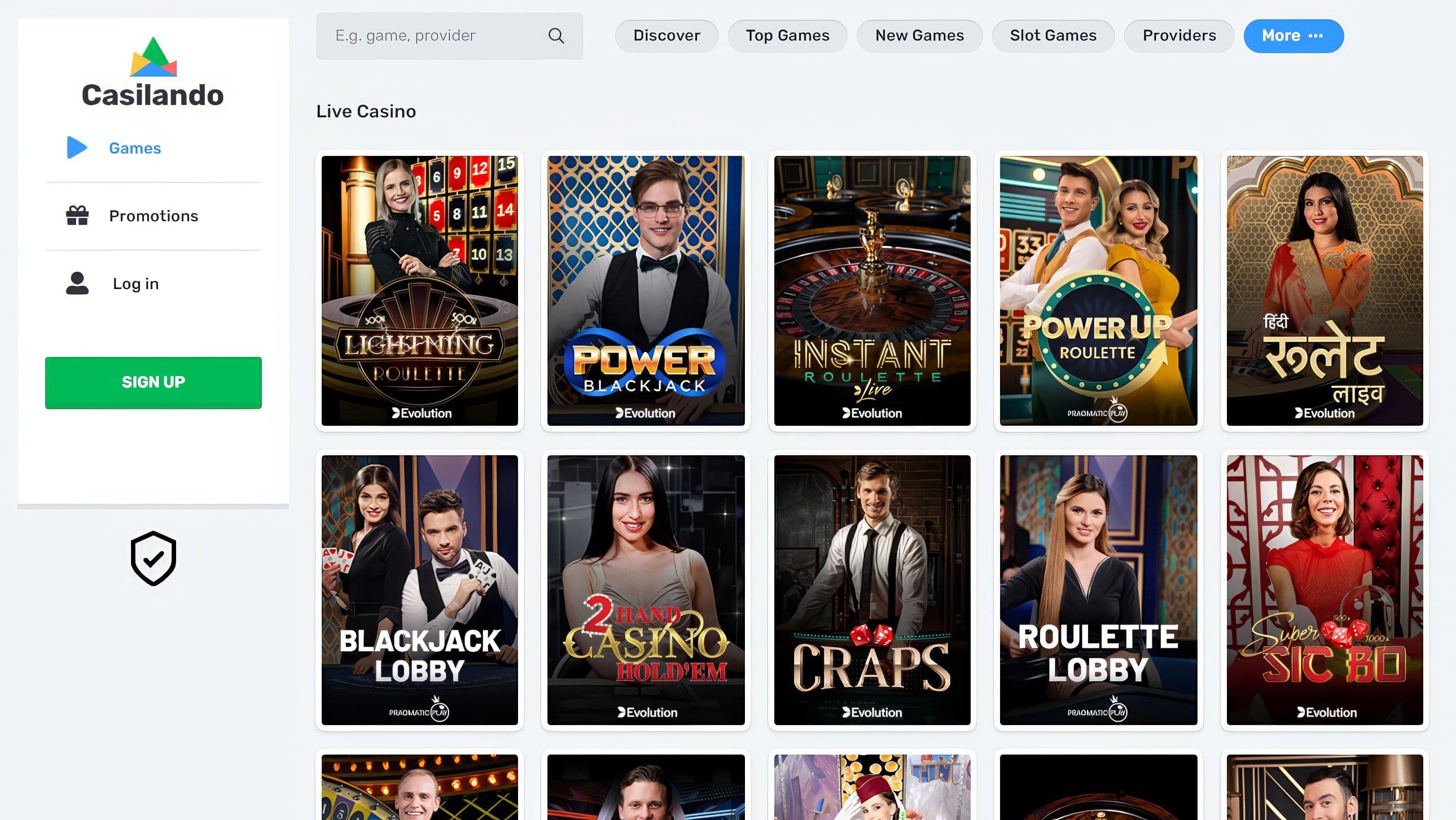 Casilando live casino games with real dealers featuring blackjack, roulette, craps, baccarat, and casino lobby with professional dealers.