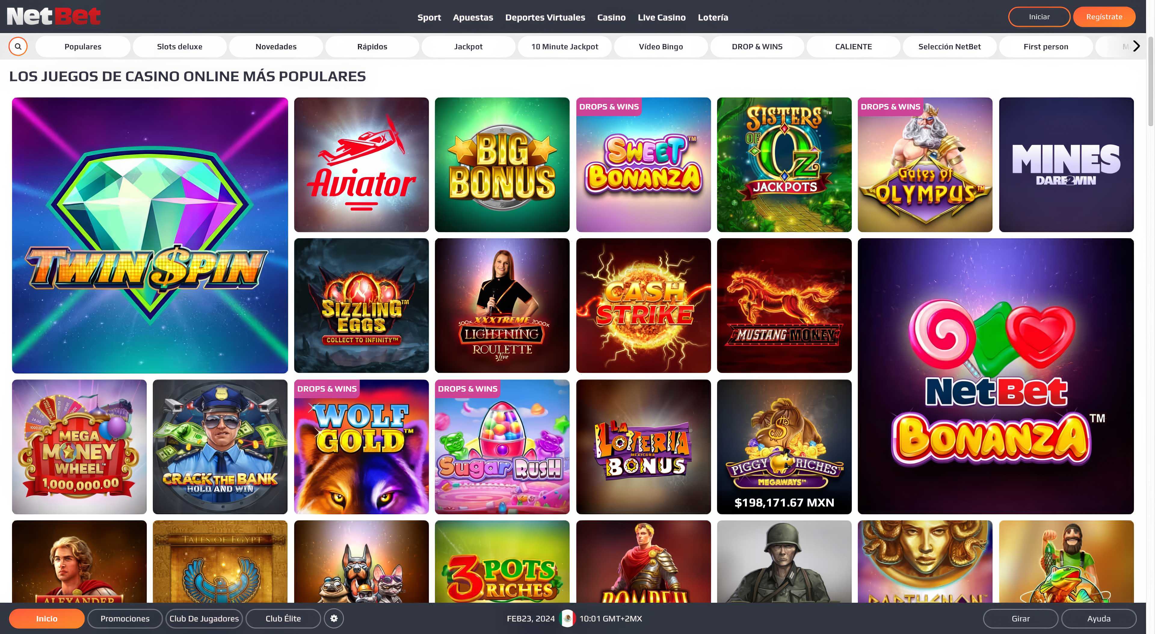 Página de slots del casino de NetBet