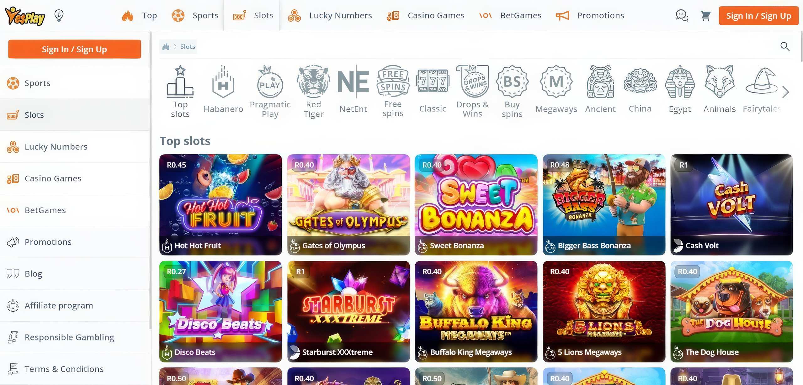 YesPlay slots section.