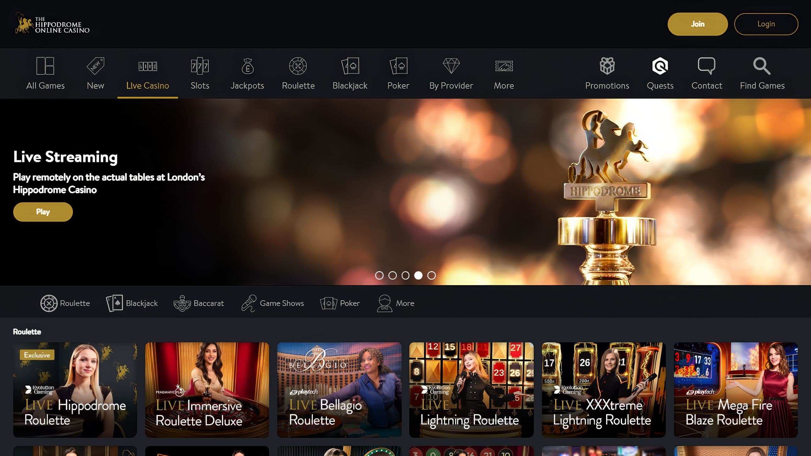 Hippodrome Live Casino streaming roulette, blackjack, and poker games with professional dealers from London's Hippodrome Casino floor.