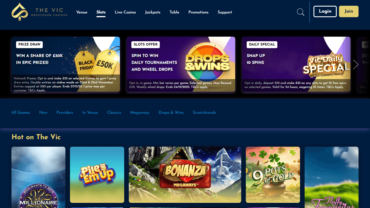 Hot on The Vic live games: Pins and Fruits, Bonanza, Queen of Spades slots with daily promotions and exclusive offers.
