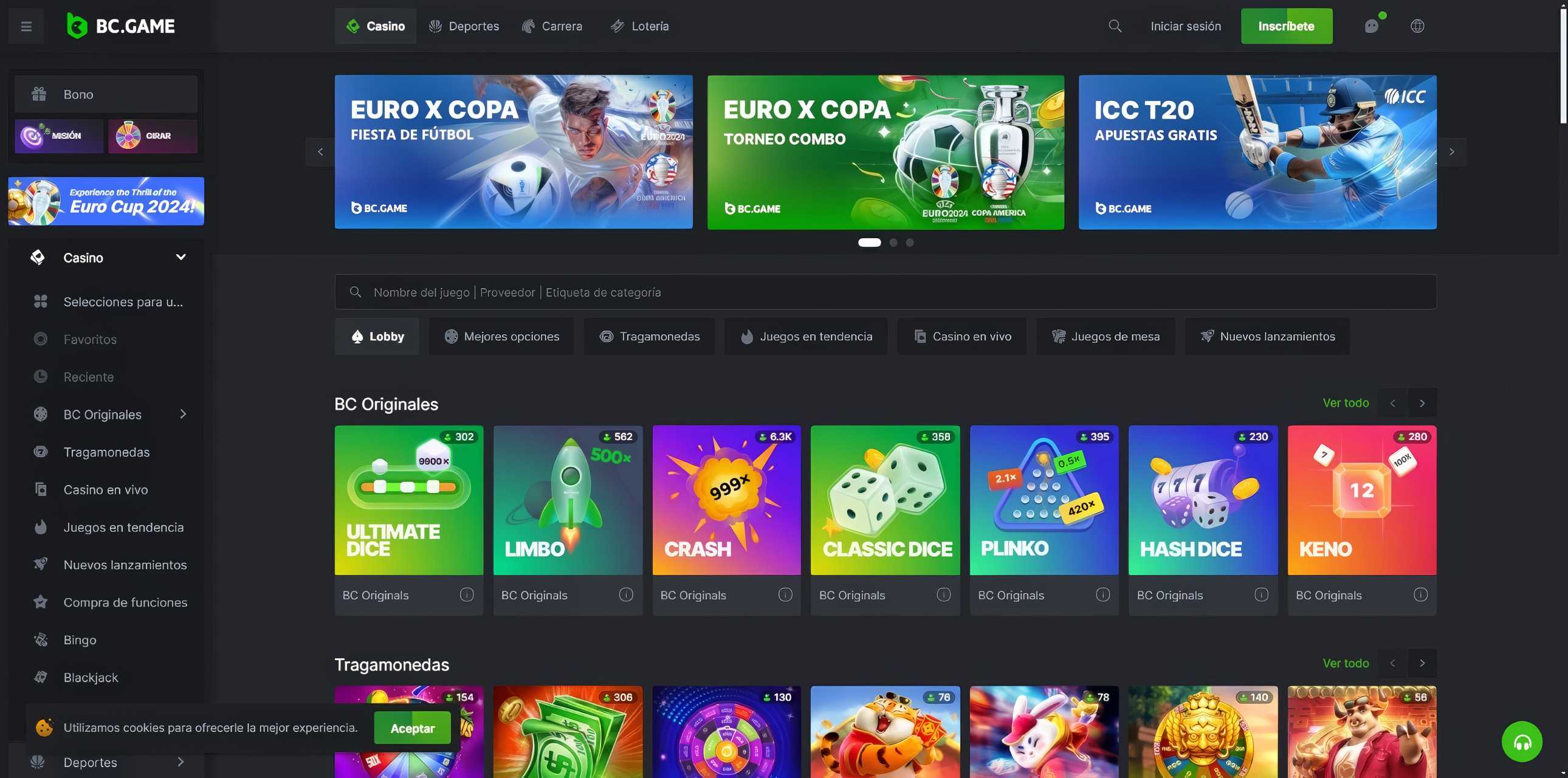 Lobby de casino en BC.Game