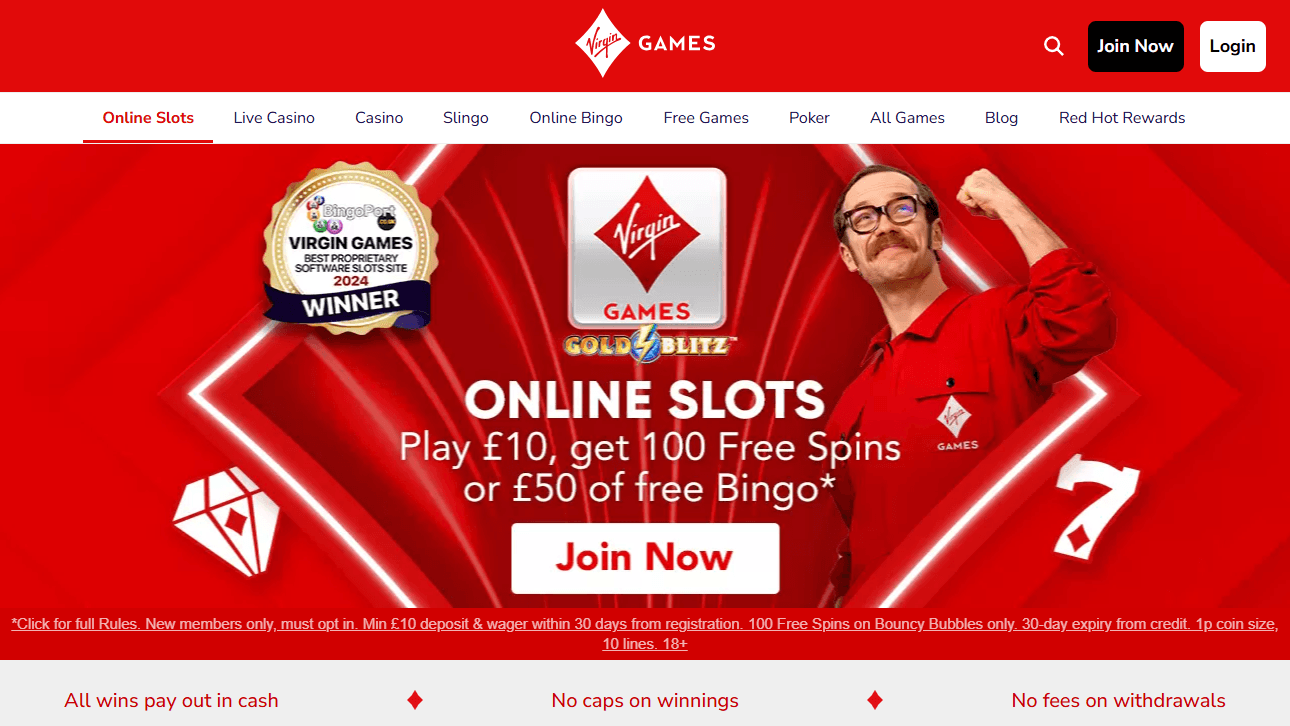 Virgin Games homepage, play £10 get 100 free spins or £50 free bingo offer, red neon design, Join Now button.