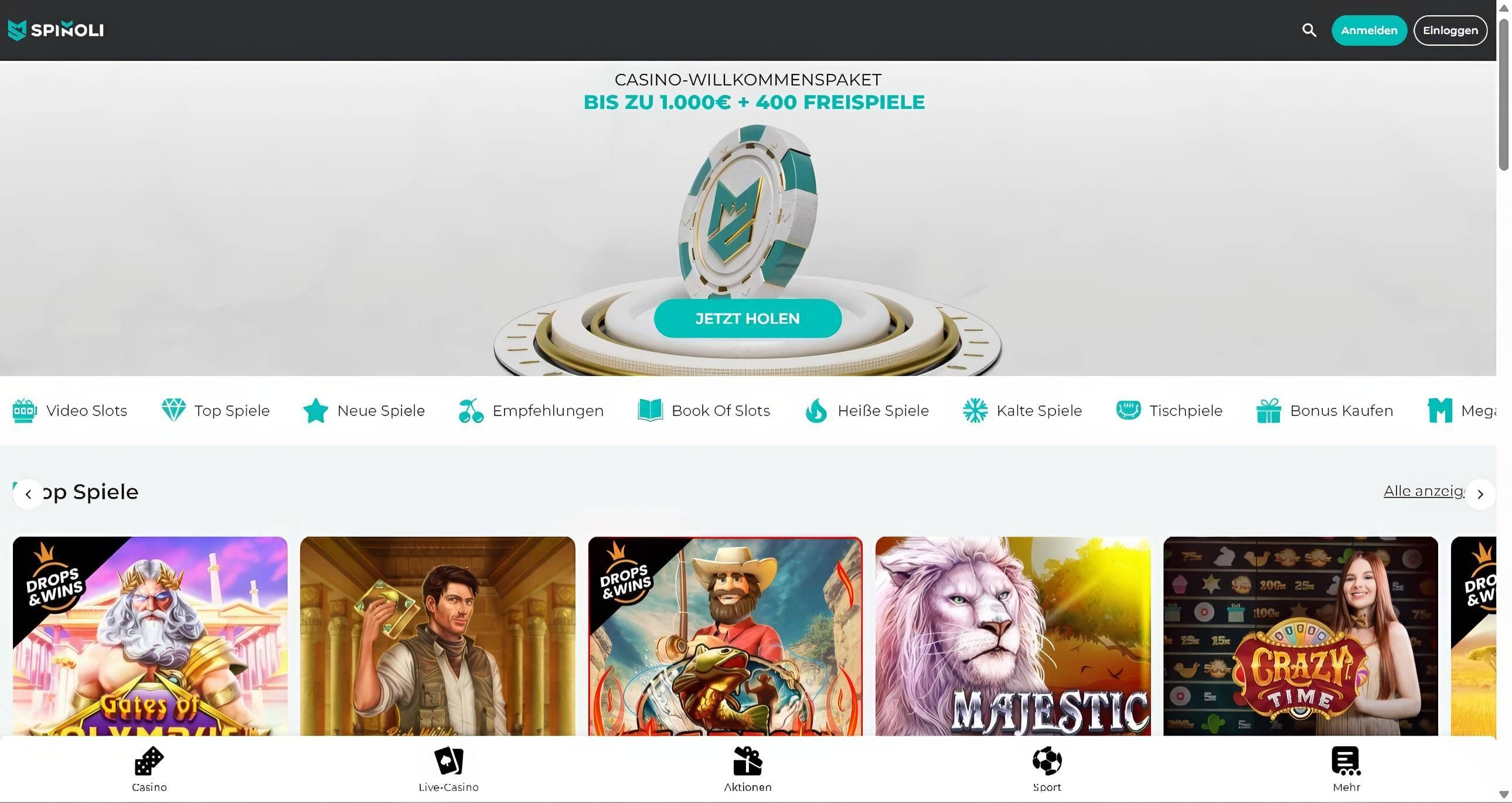 Spinoli Casino Homepage Desktop