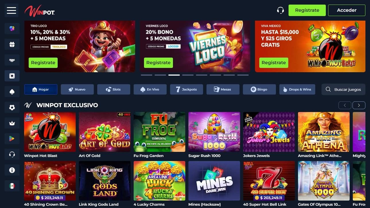Sección de tragamonedas de Winpot MX
