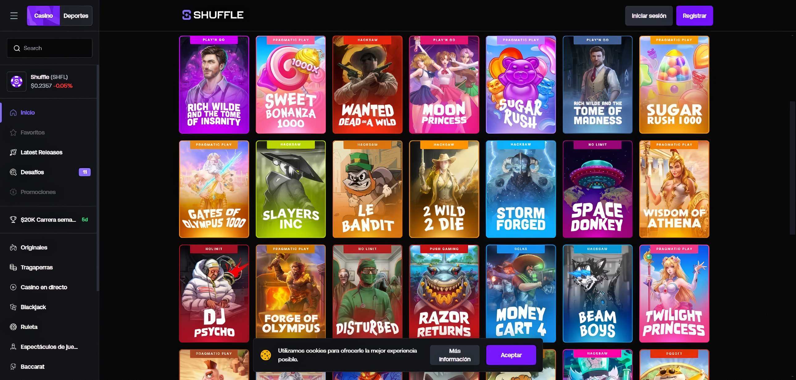 Página de slots de Shuffle casino.