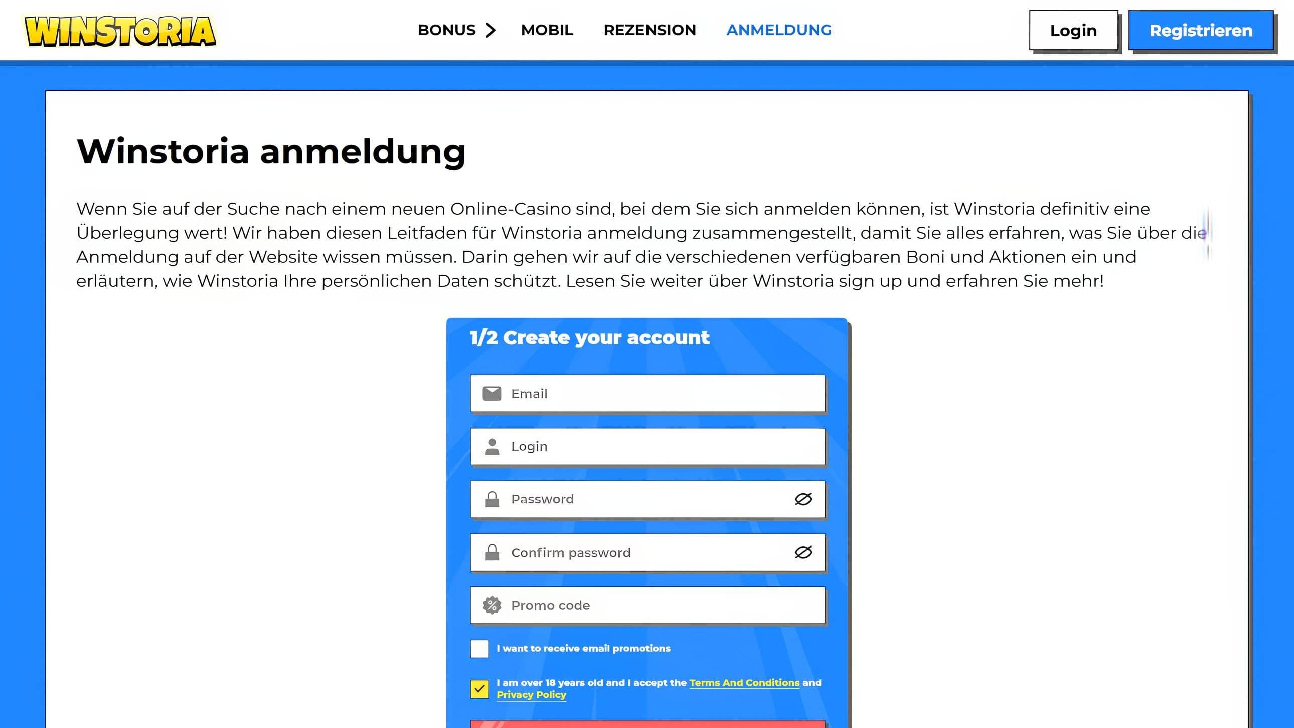 Winstoria Anmeldung Desktop