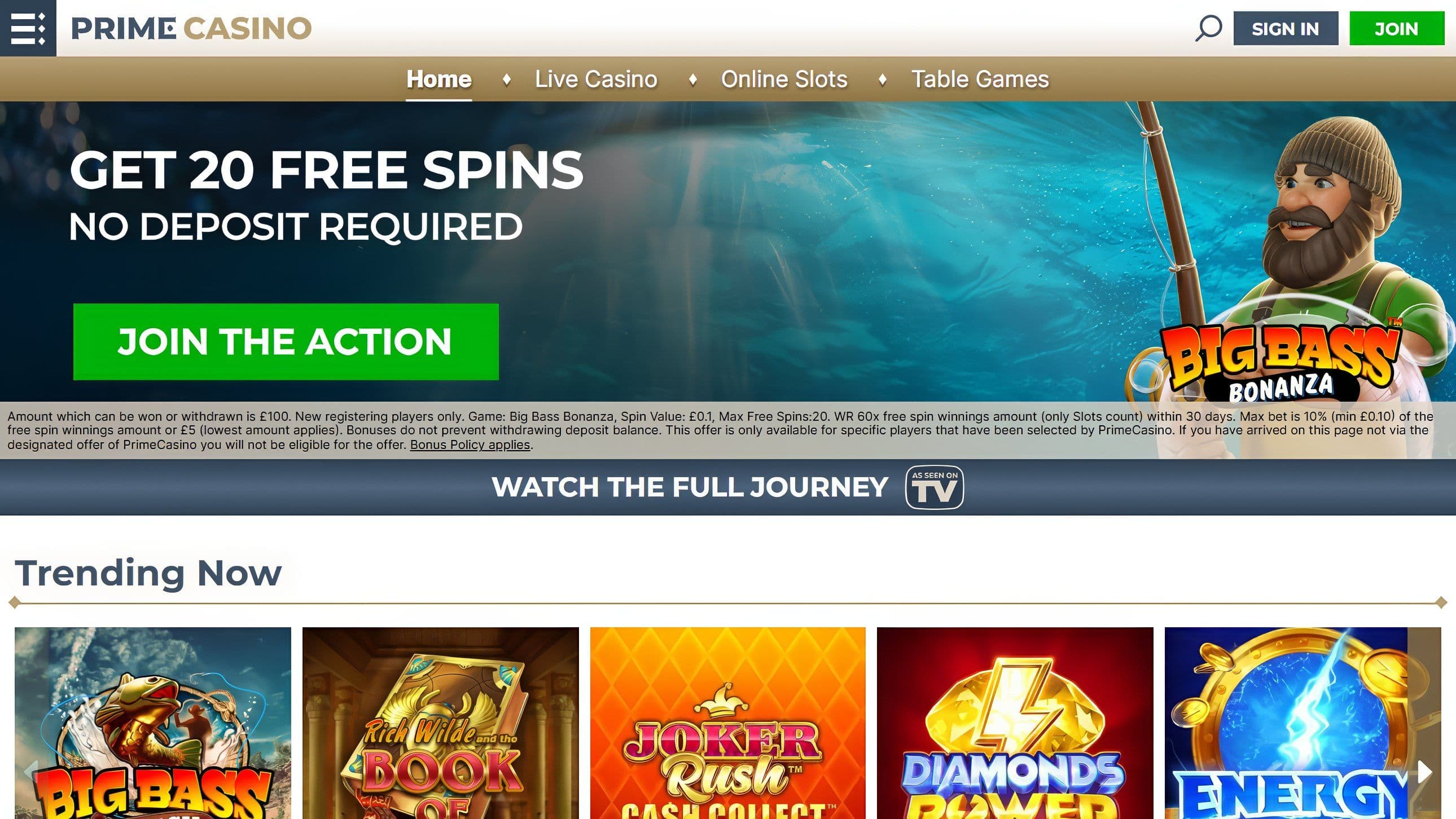 Prime Casino homepage with 20 free spins offer, Big Bass Bonanza slot game, trending games section, and navigation menu for online gambling.