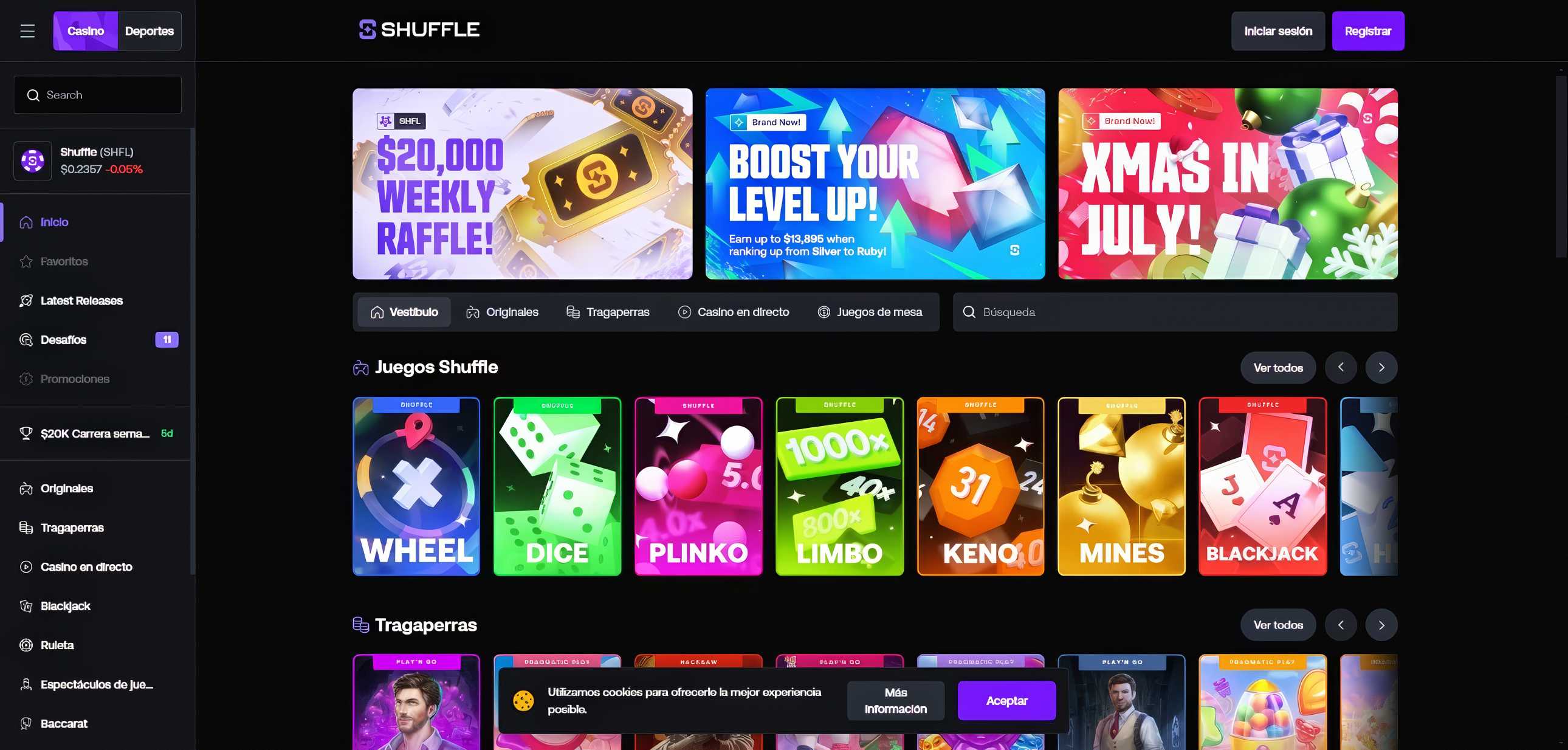 Página de inicio de Shuffle casino.