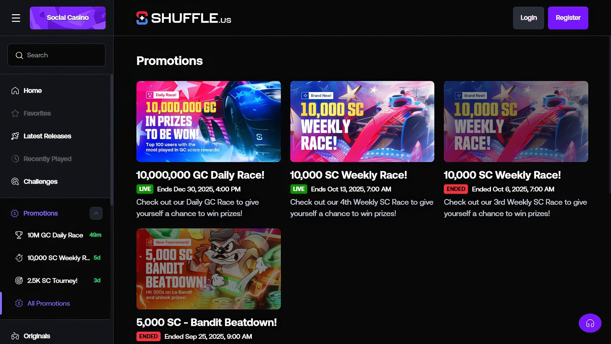 Shuffle Casino US promotions dashboard showing GC prize races, weekly contests, and Bandit Beatdown for review use on Casino.Online.