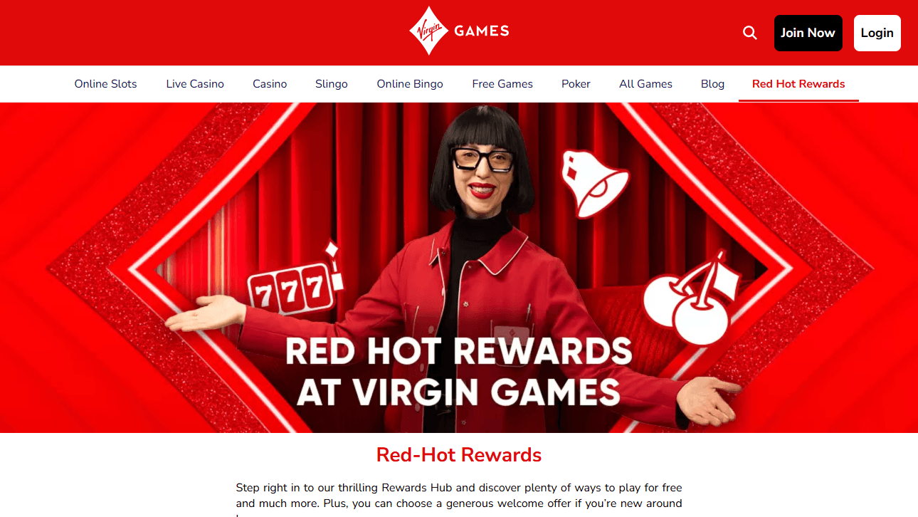 Virgin Games Red Hot Rewards featuring man in red jacket with slots and cherries icons, multiple gaming reward opportunities, neon red background.