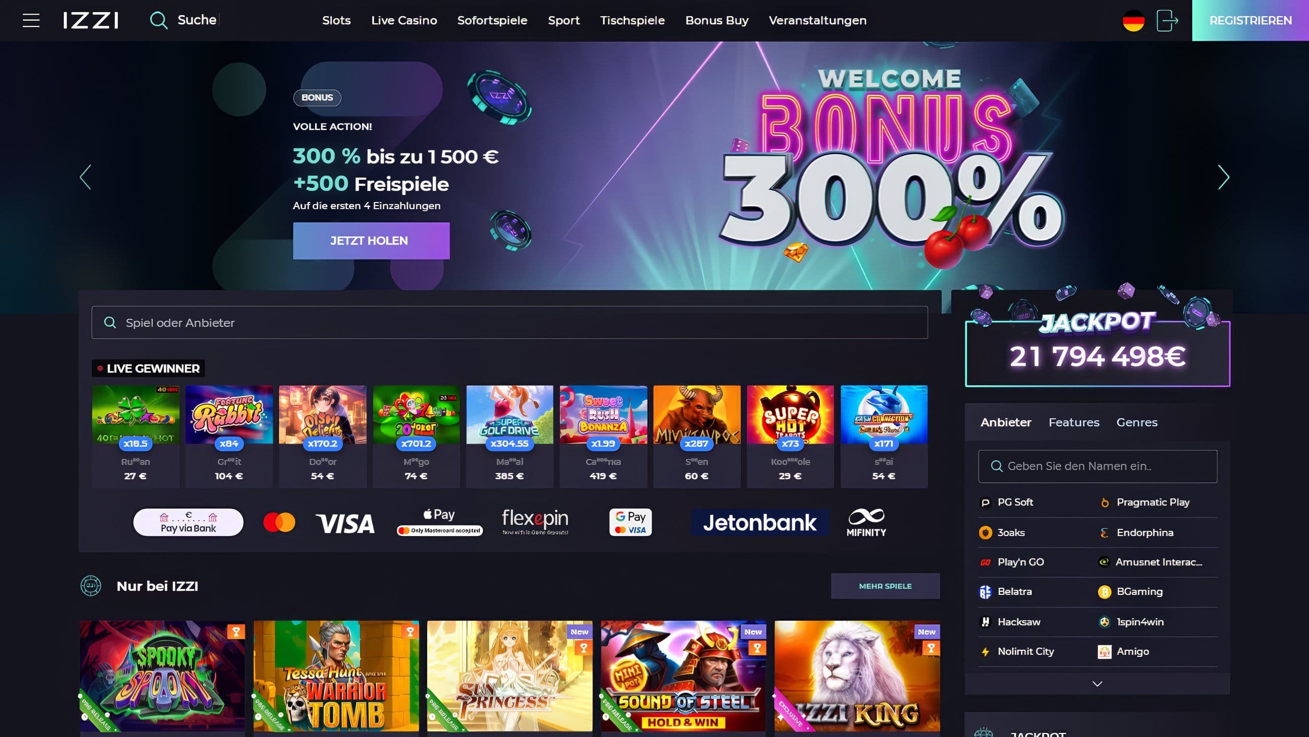 Izzi Casino Homepage Desktop