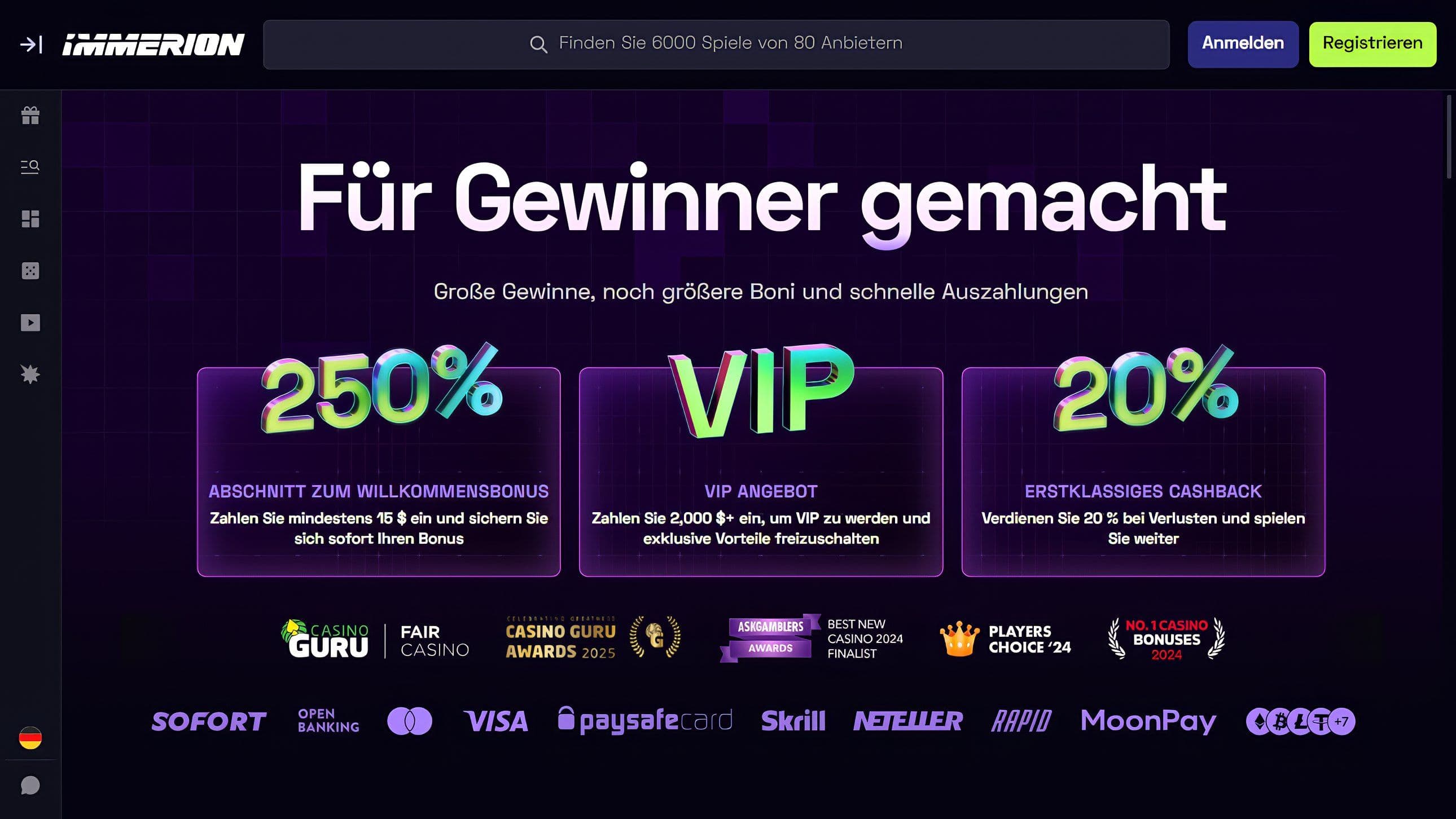 Immerion Casino Homepage Desktop