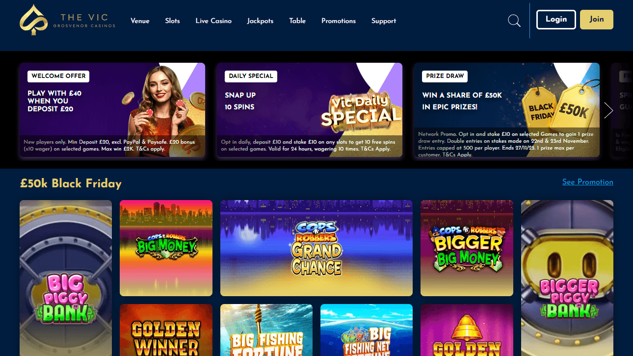 The Vic home page - slots games grid: Big Catch, Golden Winner, Big Fishing, Bigger Bonus, Big Boom, Black Friday promotions with £50k offer.