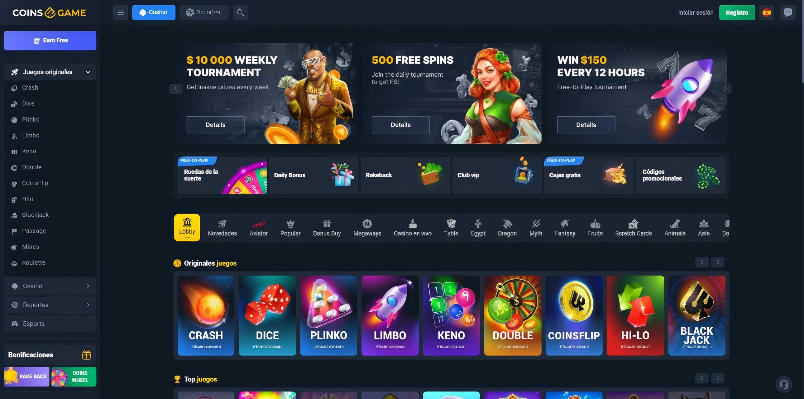 Lobby de casino de Coins.game