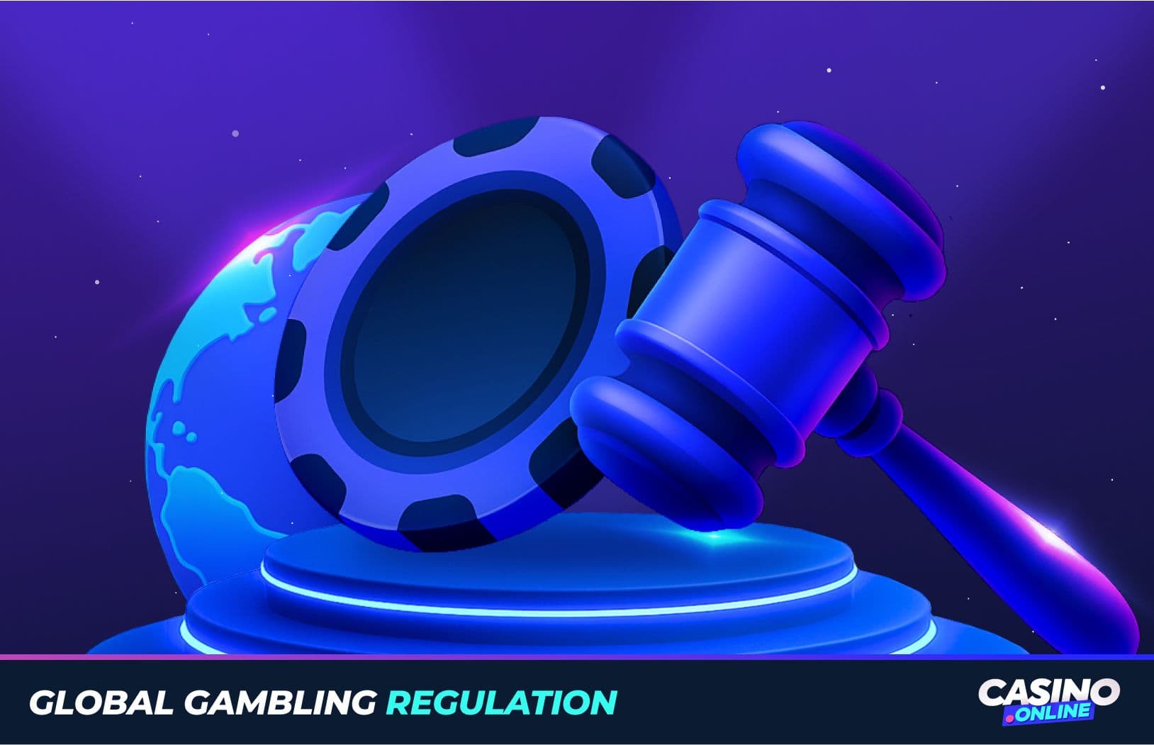 Gavel and poker chip globe illustrating global gambling regulation and legal oversight, featured on Casino.online's industry report page.