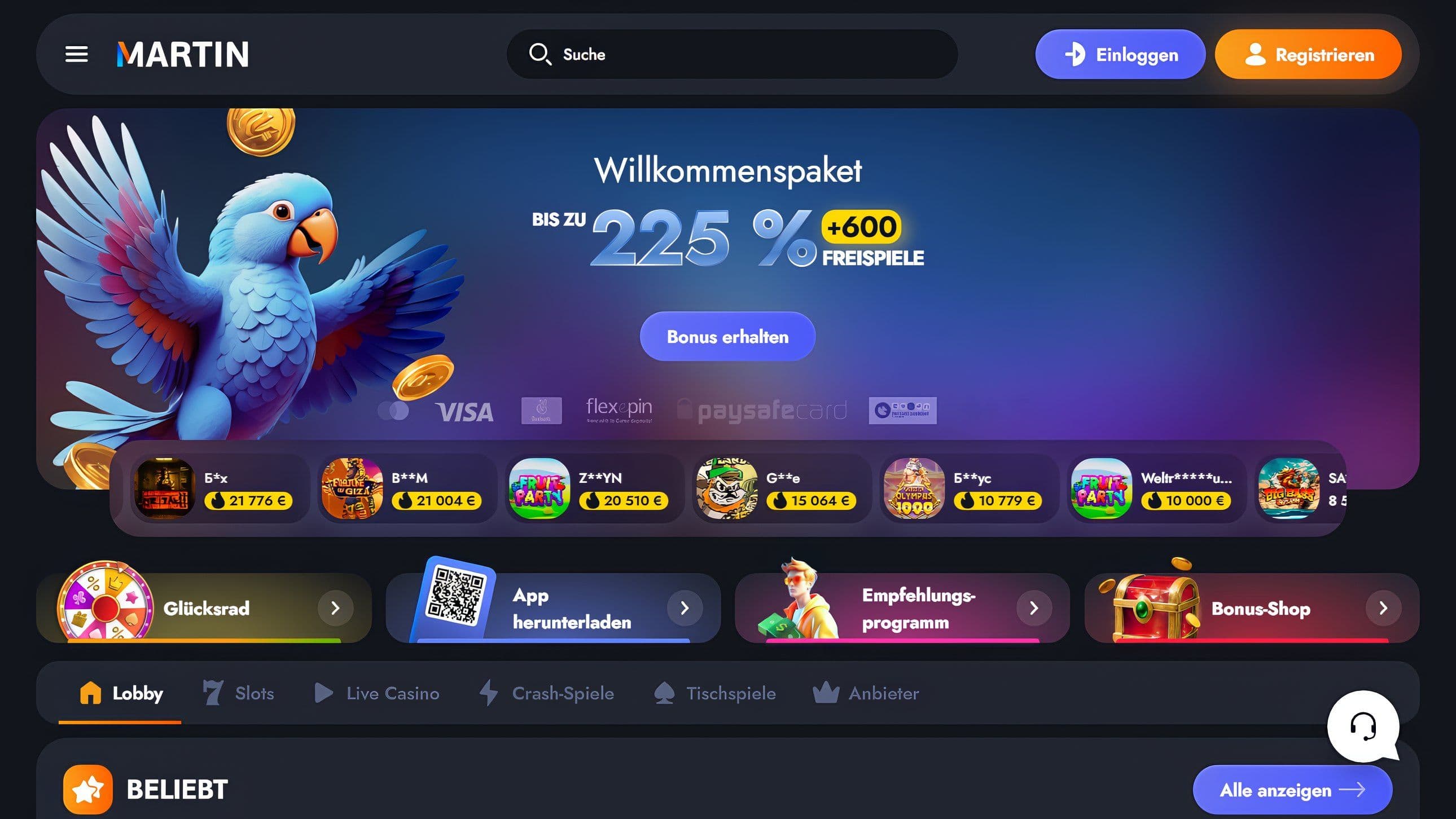 Martin Casino Homepage Desktop