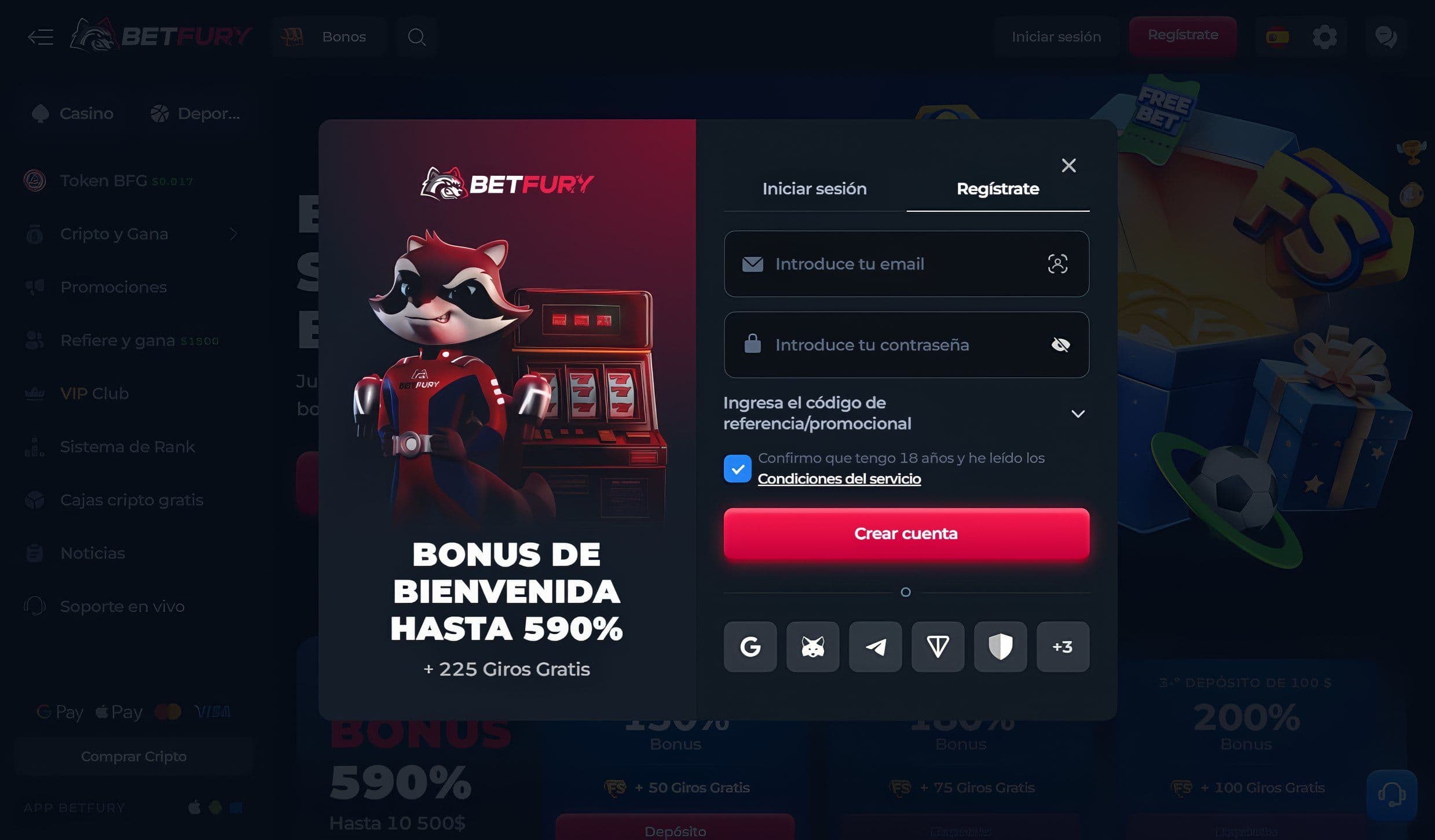 Página de ingreso en desktop para Betfury