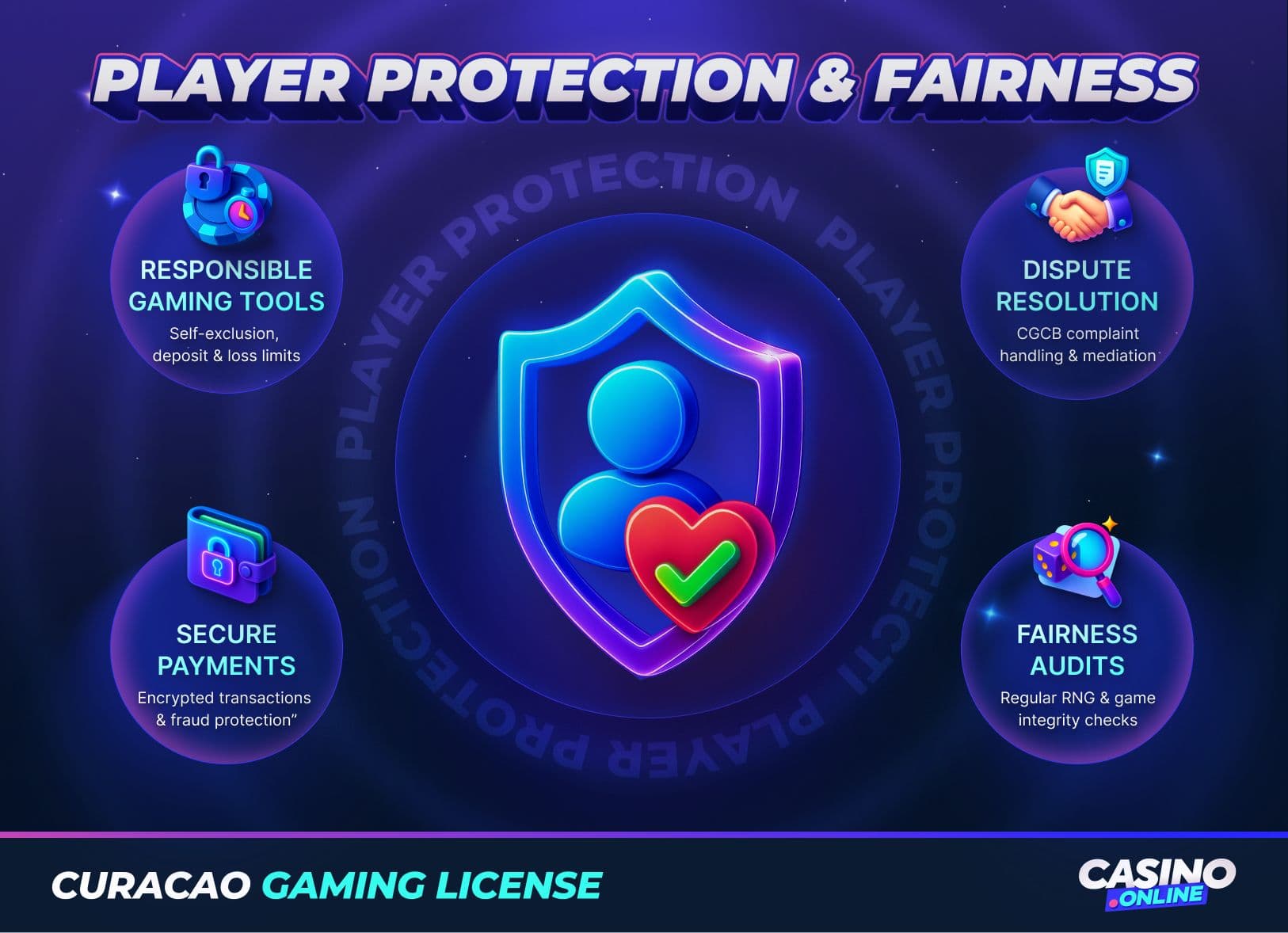 Infographic showing player protection and fairness features under the Curacao gaming license, including responsible gaming tools, dispute resolution, secure payments, and audits.