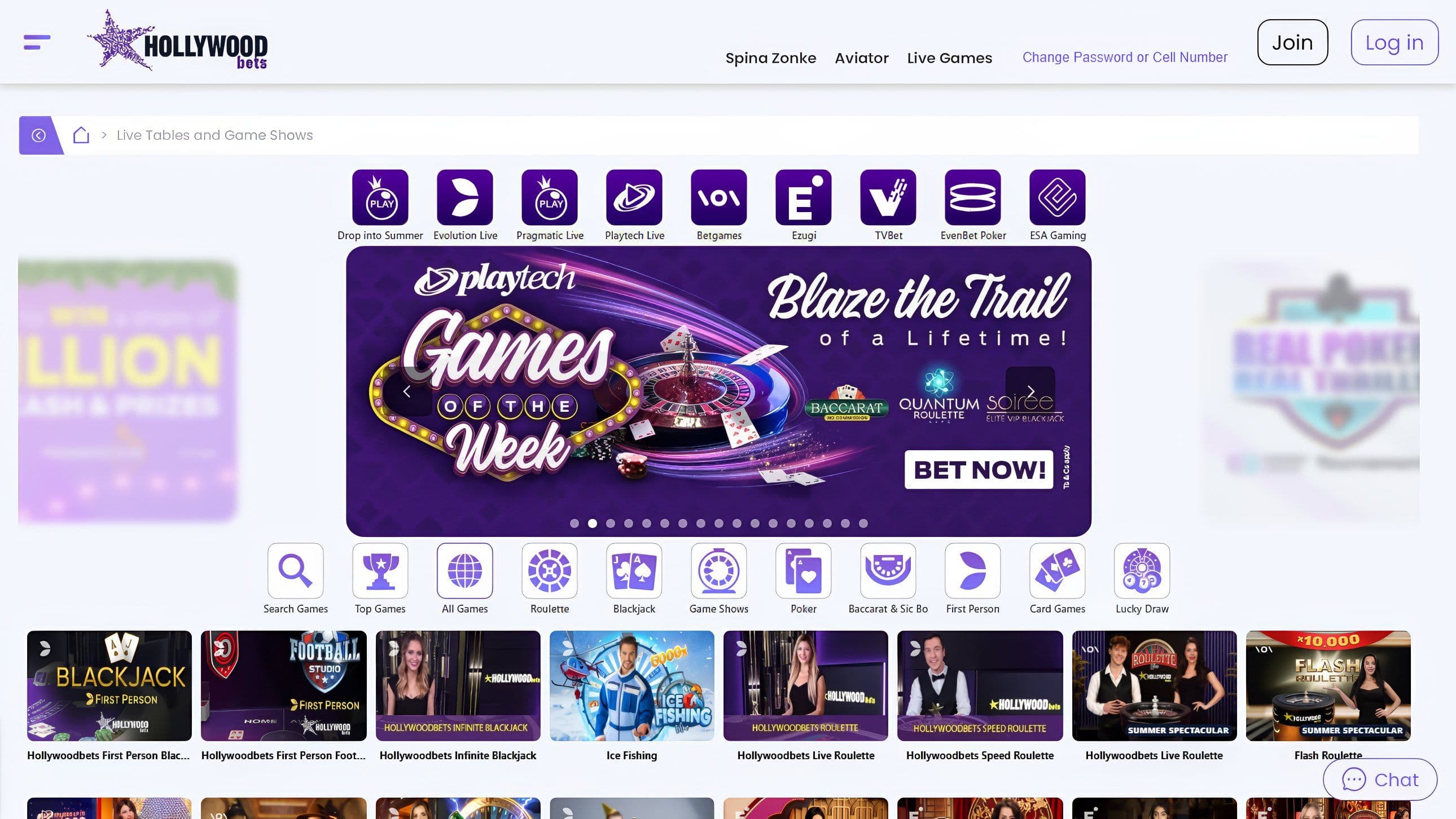 Hollywoodbets live casino with live dealers, game shows, Blaze the Trail promotion, and exclusive live gaming.