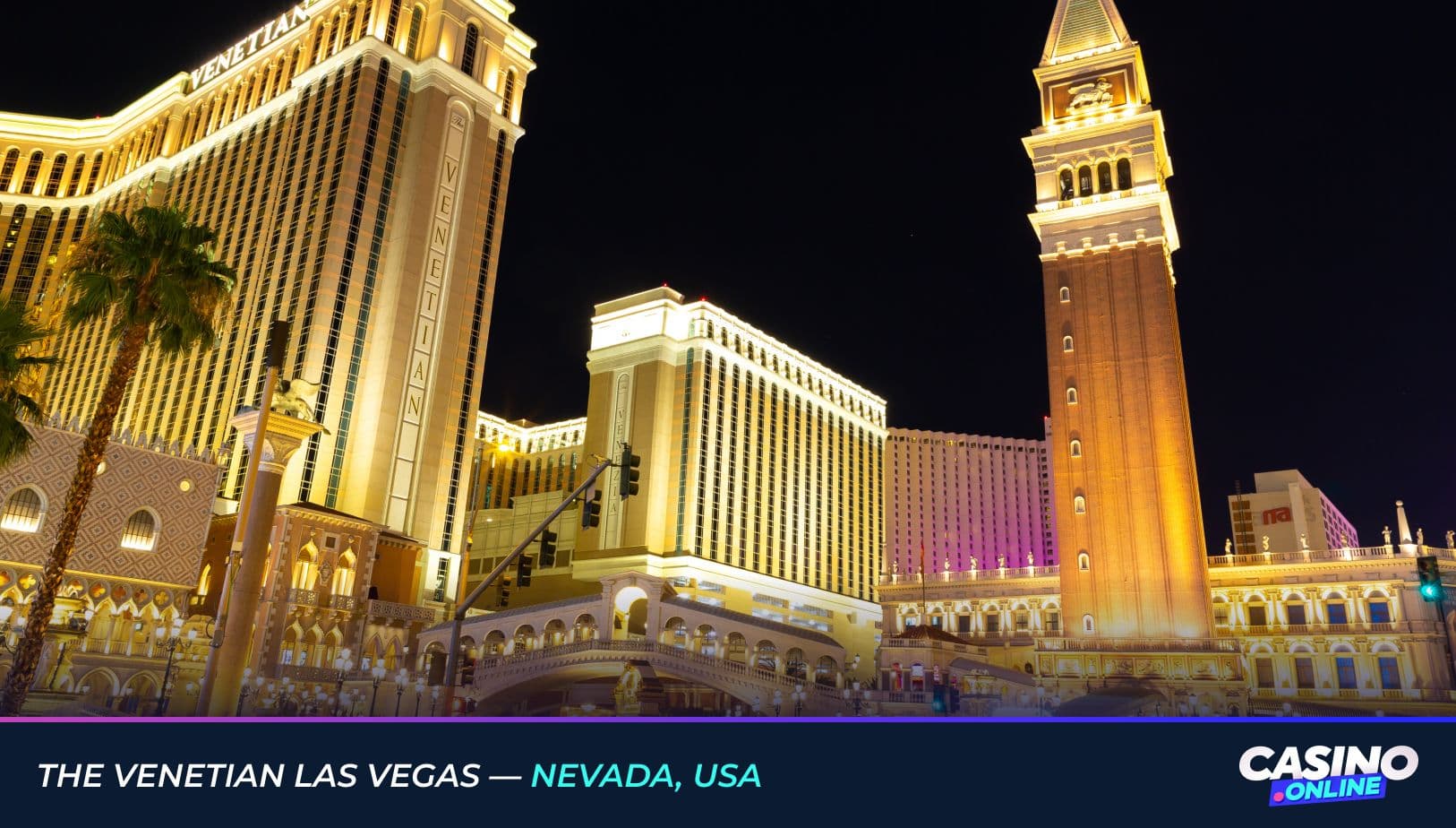 The Venetian Las Vegas in Nevada, USA, illuminated at night, featuring its grand hotel towers and Venetian-inspired architecture.