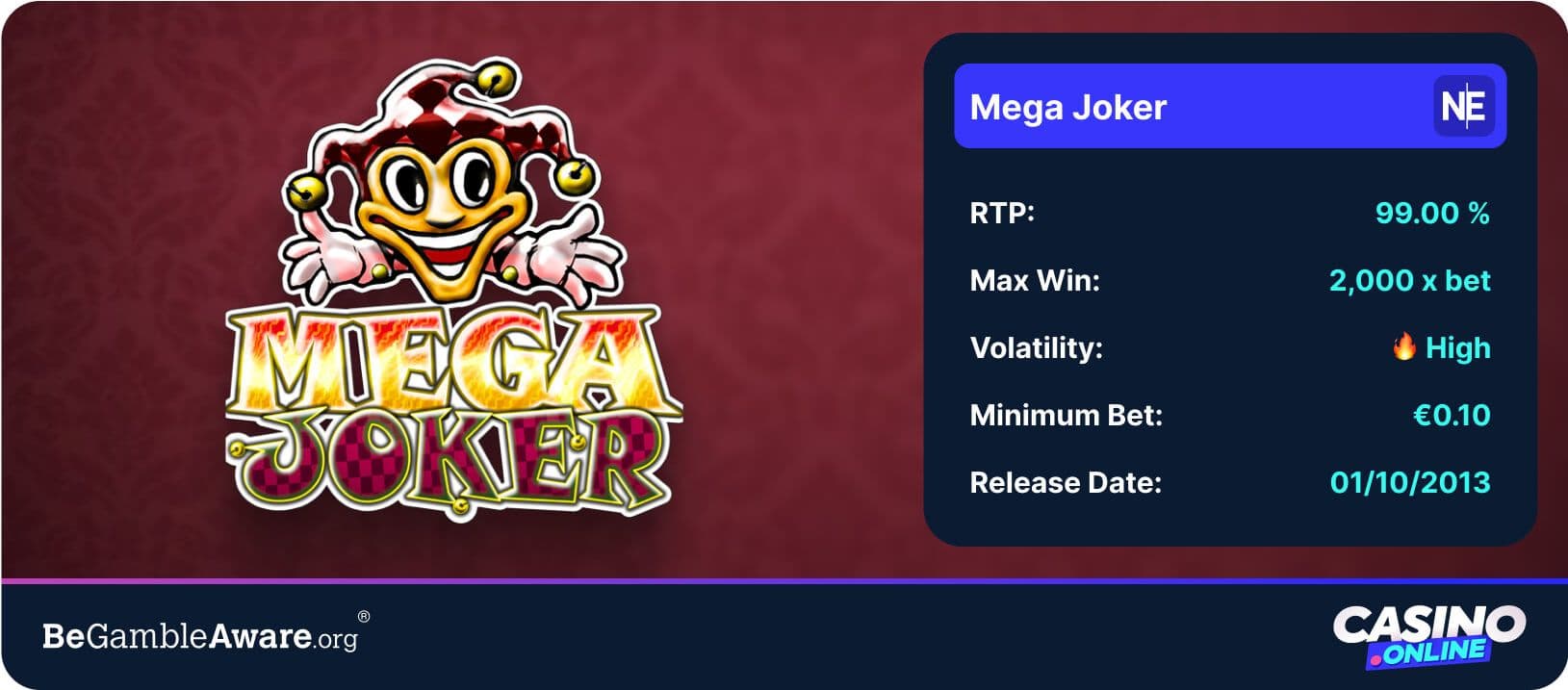 Mega Joker slot game details with 99.00% RTP, high volatility, €0.10 minimum bet, and 2,000x max win for top RTP slots page.