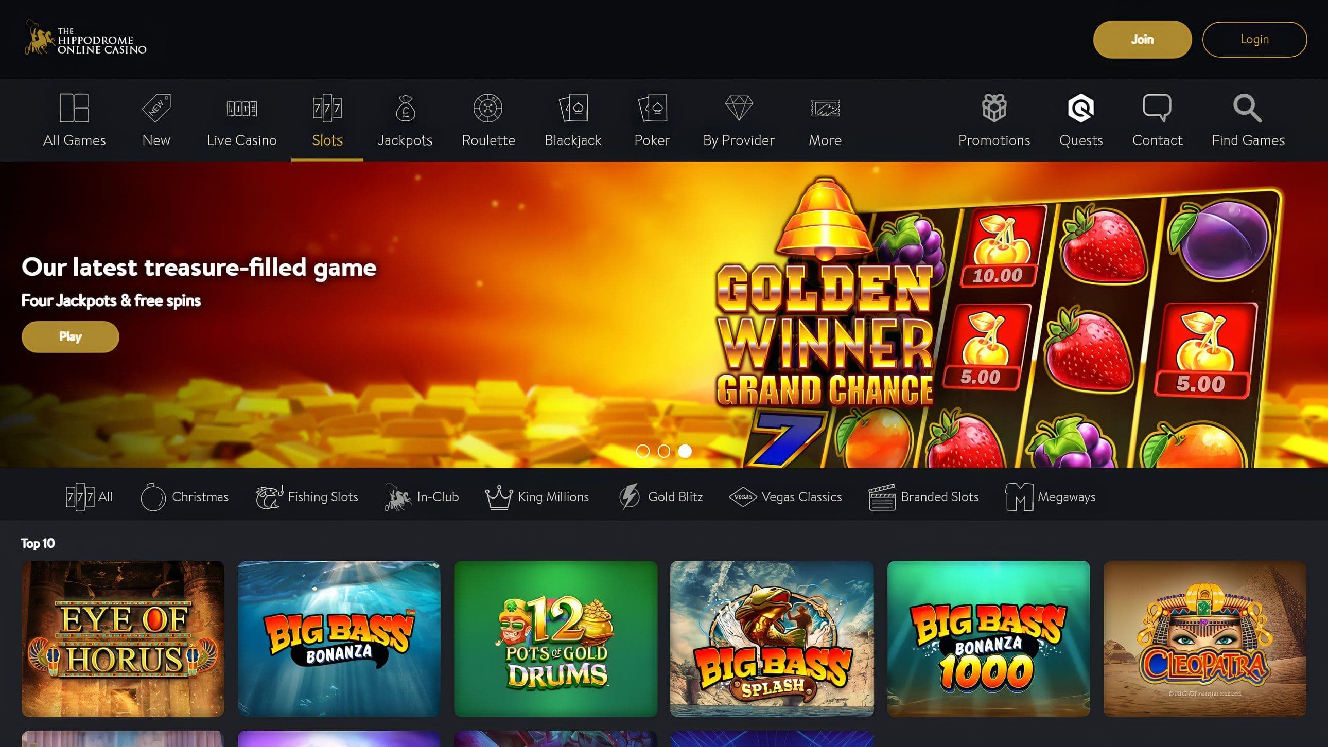 Hippodrome Casino Golden Winner Grand Chance slot game with Eye of Horus, Big Bass, and 312 Drums featured slots below.