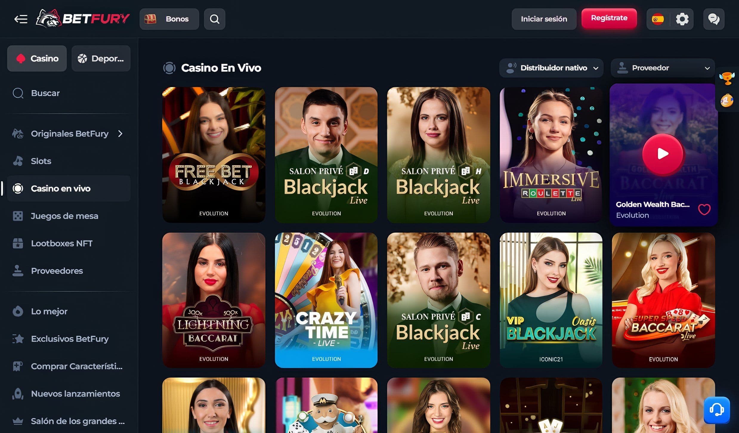 Juegos de casino en vivo de Betfury