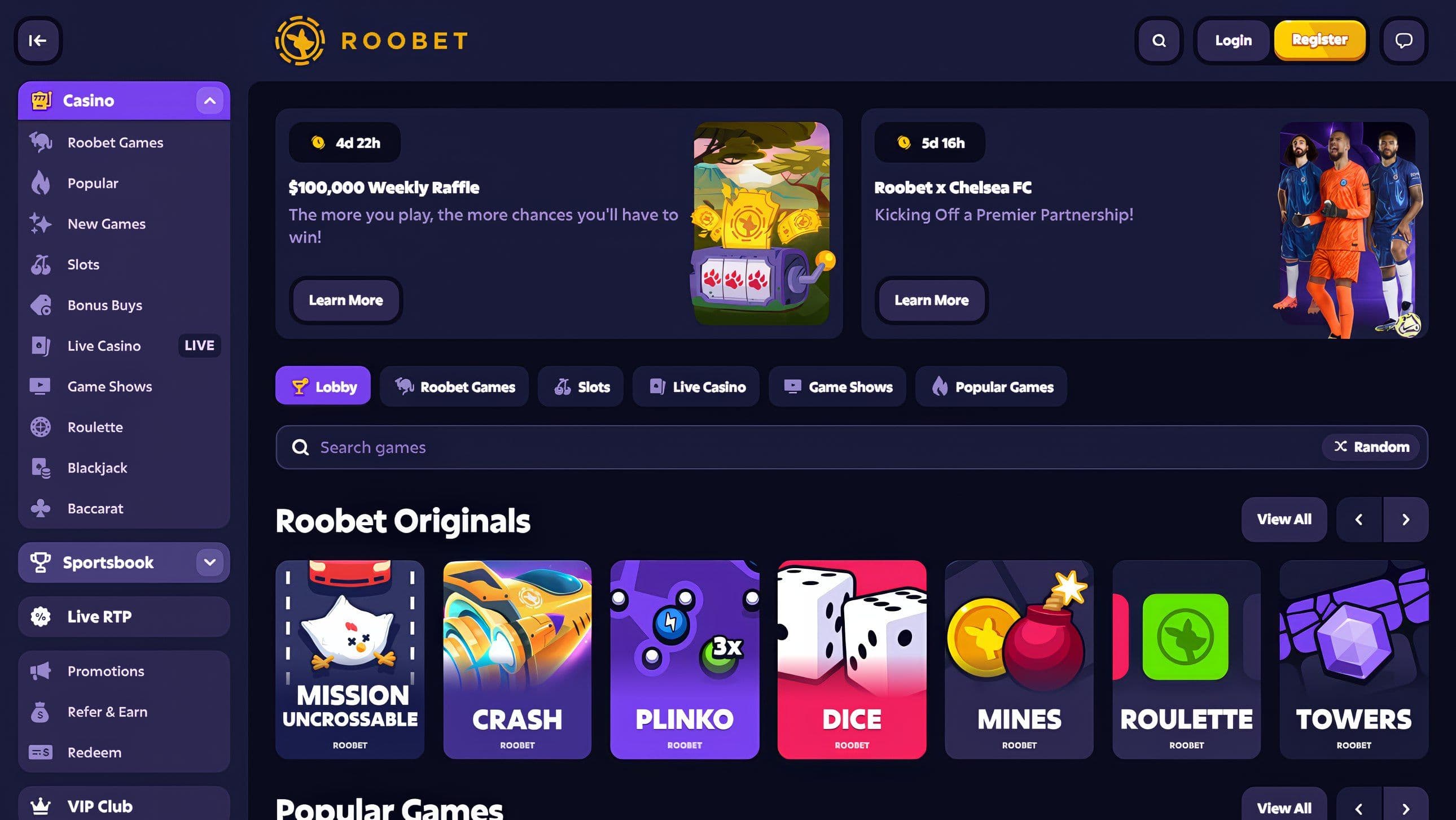 Roobet Casino Homepage Desktop