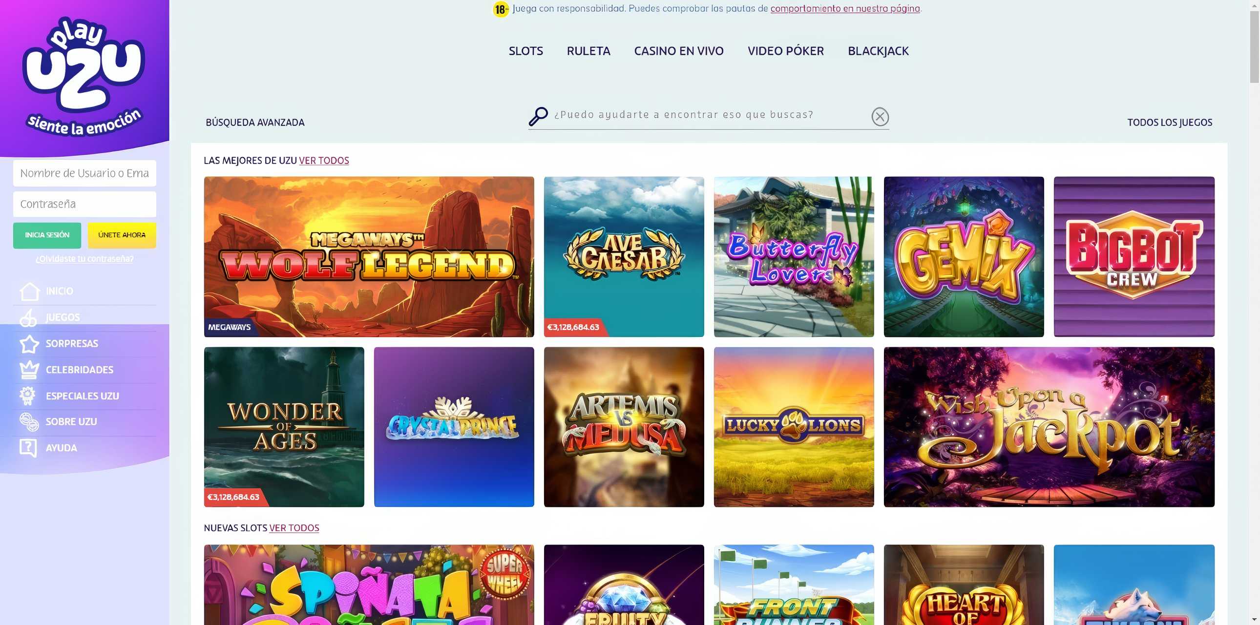 Página de tragamonedas de casino de PlayUzu