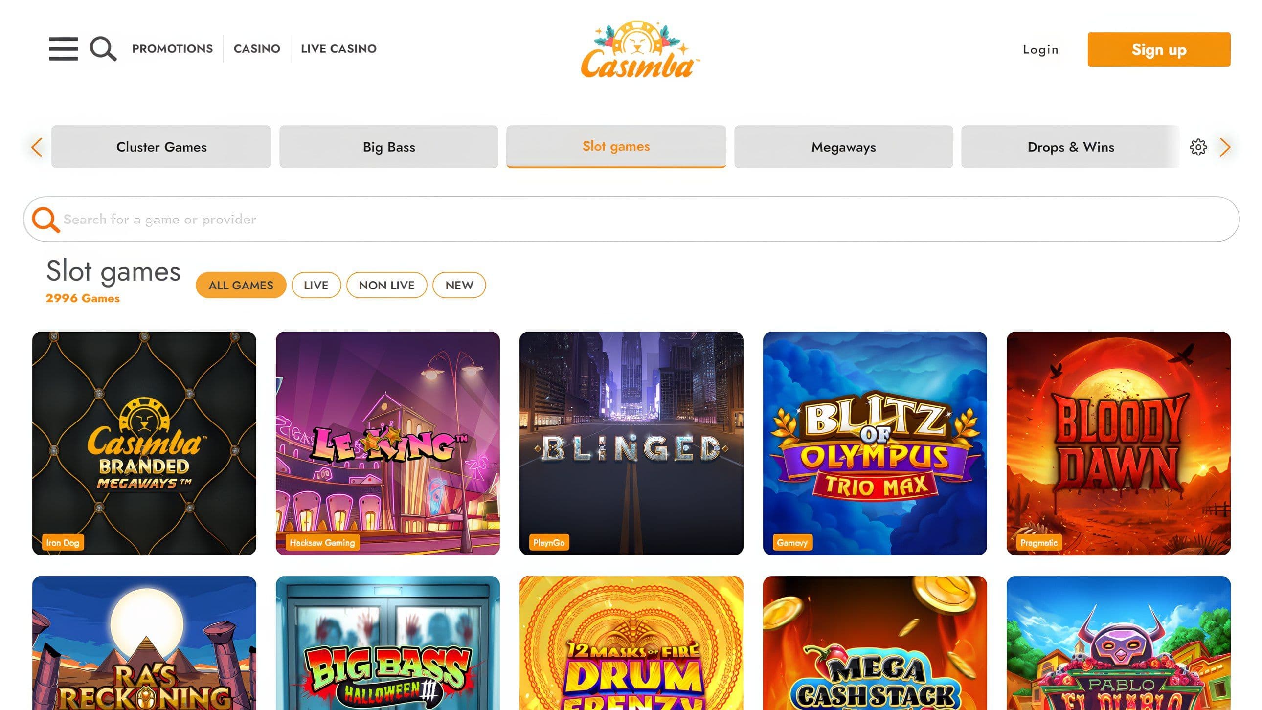 Casimba desktop casino lobby displaying slot games selection including Branded Megaways and Big Bass.