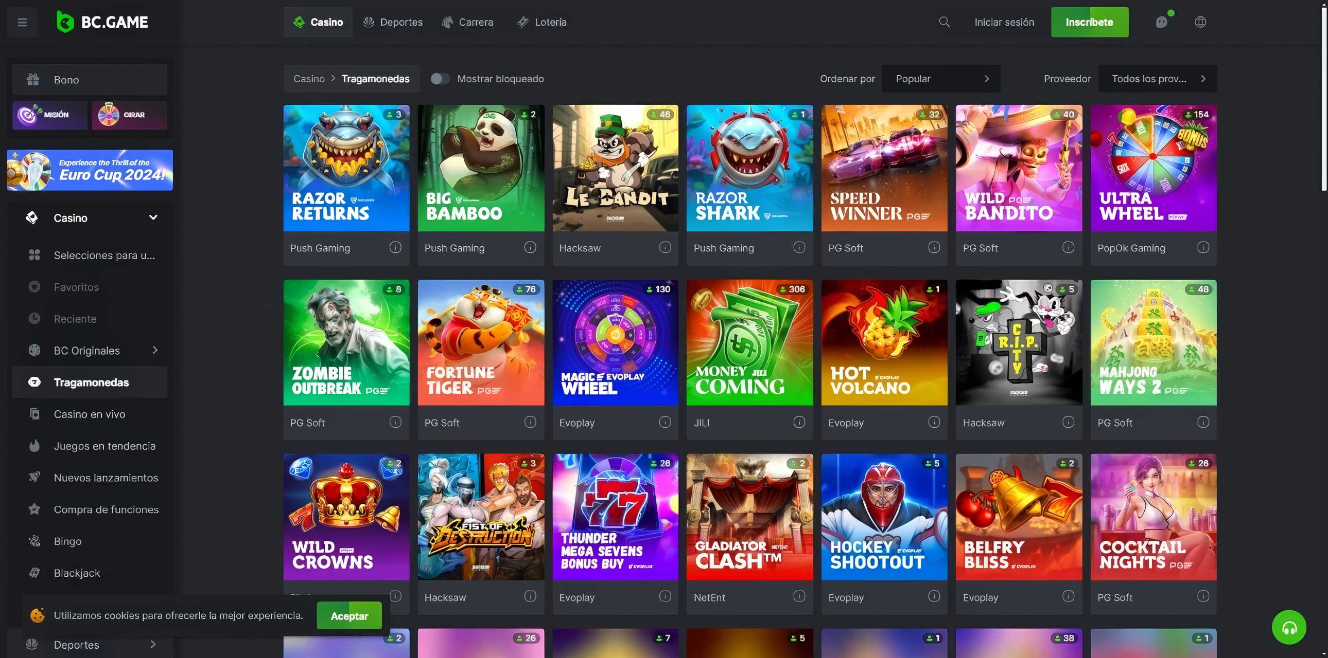 Sección de slots en BC.Game