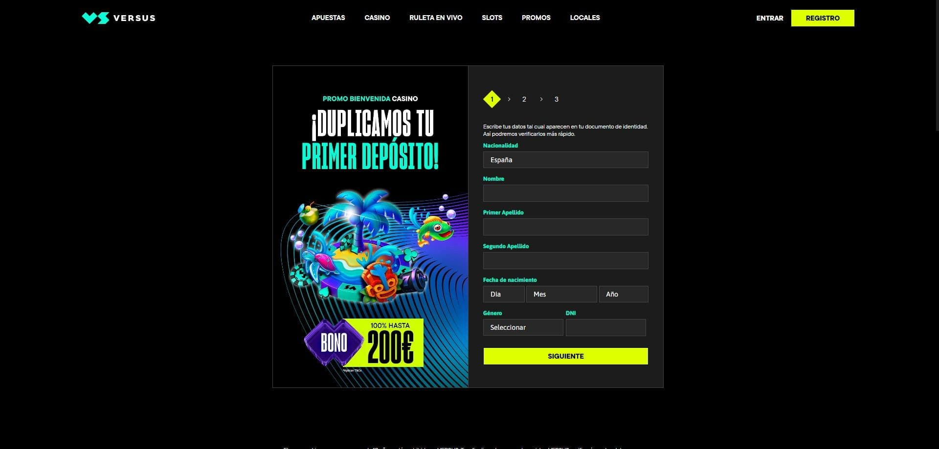 Formulario de registro de Versus España.