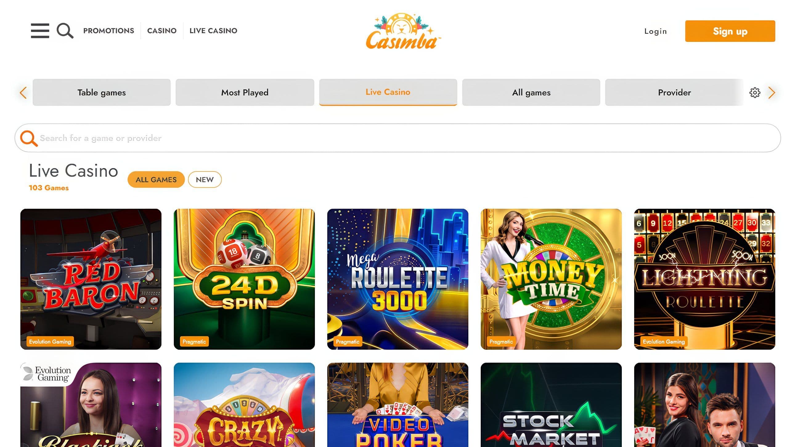 Casimba live casino section displaying games like Red Baron, Mega Roulette and Lightning Roulette.