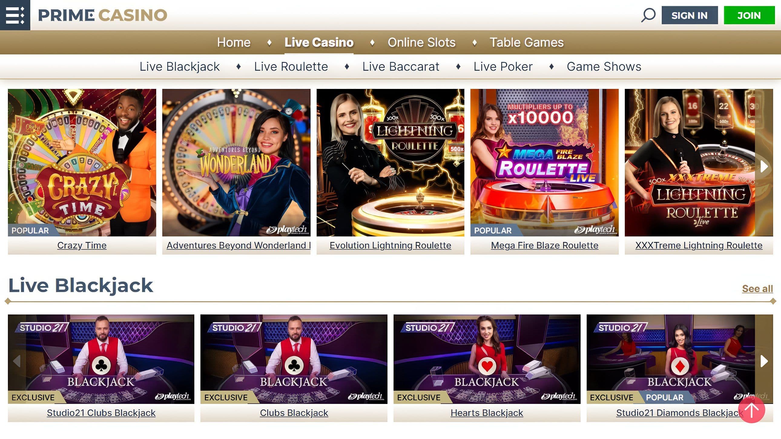 Prime Casino live games page featuring live blackjack, roulette, baccarat, and poker tables with professional dealers for real money online play.